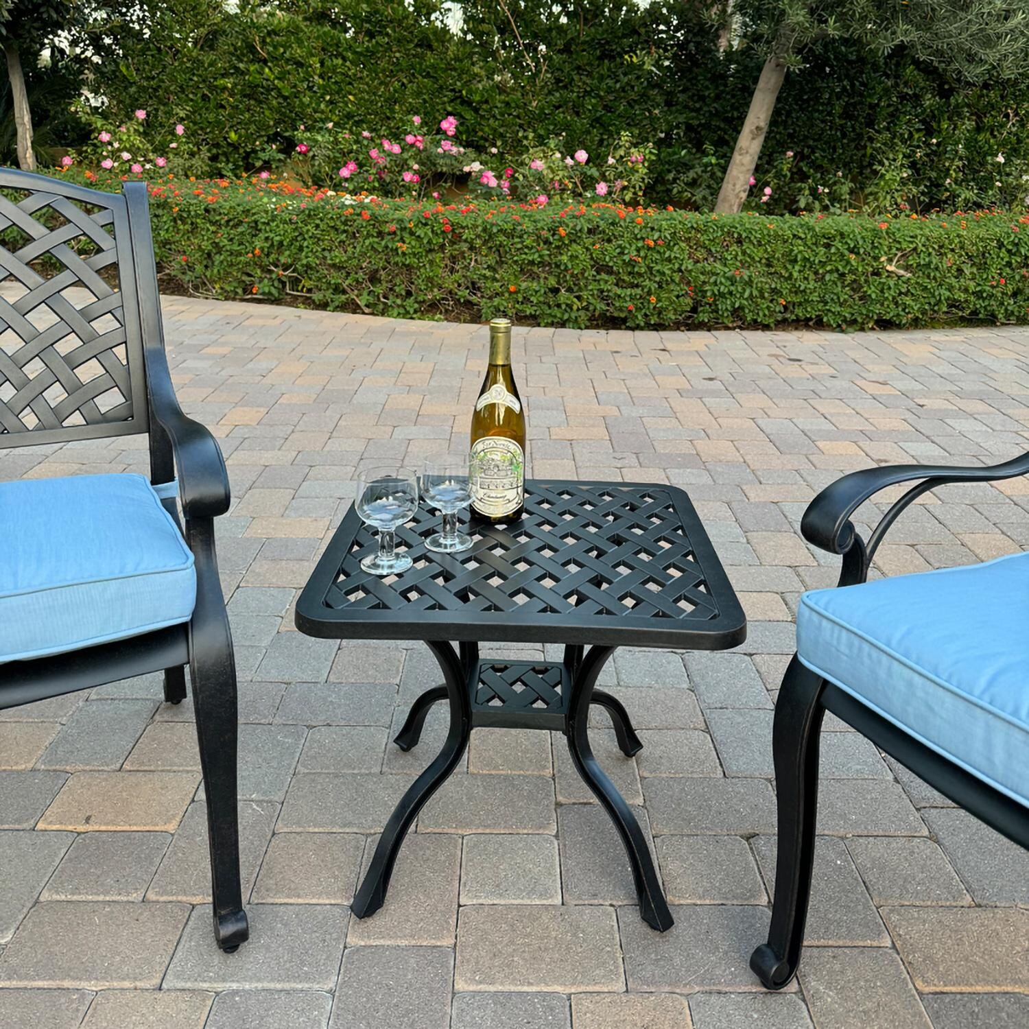 Darlee B/DL13-3PC-30A-B Nassau 3 Pc Cast Aluminum Conversation Set in Antique Bronze w/ Blue Cushions - Set Up Close - Lifestyle thumbnail