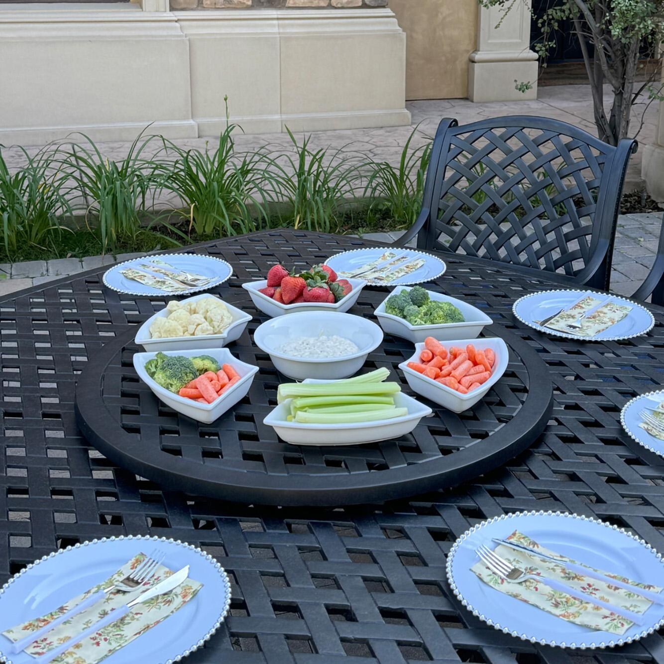 Darlee B/DL13-10PCAR-30W3930-N Nassau 10 Pc Cast Aluminum Dining Set in Antique Bronze w/ Navy Cushions - Lazy Susan w/ Veggies - Lifestyle thumbnail