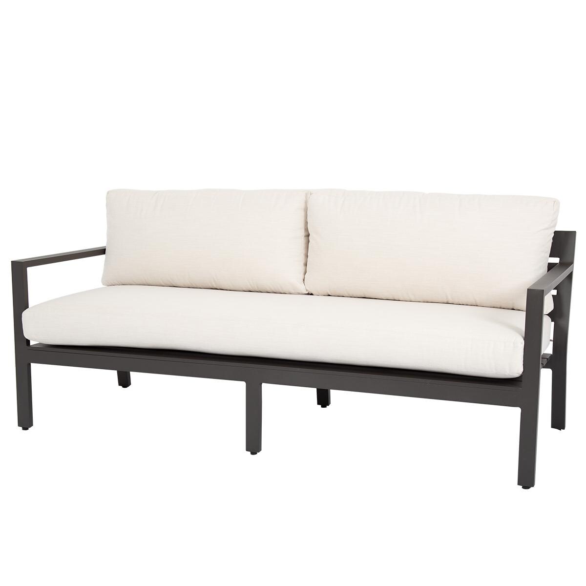 Sunset West - Mesa 5 Piece Aluminum Patio Conversation Set W/ Coffee Table, End Table, & Sunbrella Cast Pumice Cushions - Mesa Patio Sofa thumbnail