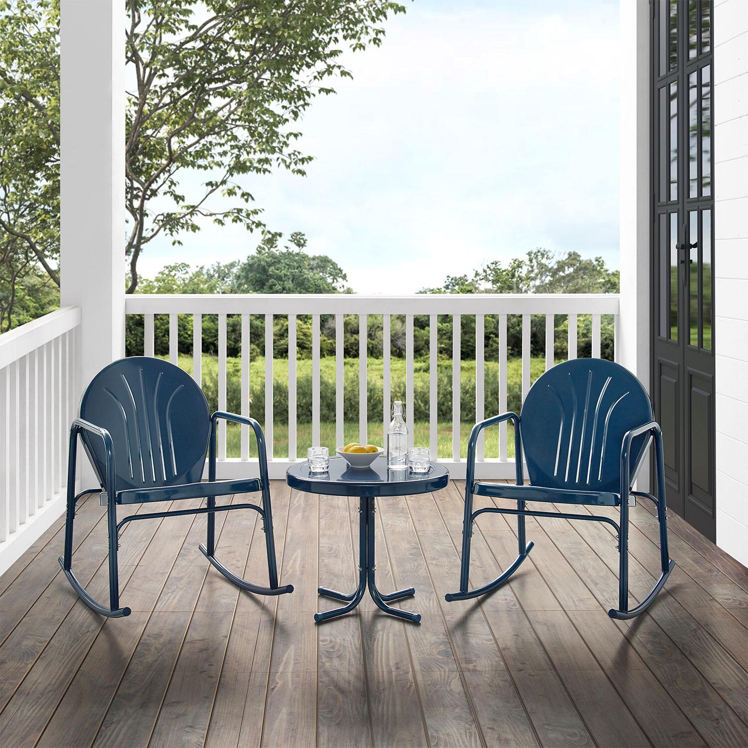Ultimate Patio UP-32253NV 3Pc Retro Outdoor Rocking Chair Set in Navy - On Porch - Lifestyle thumbnail