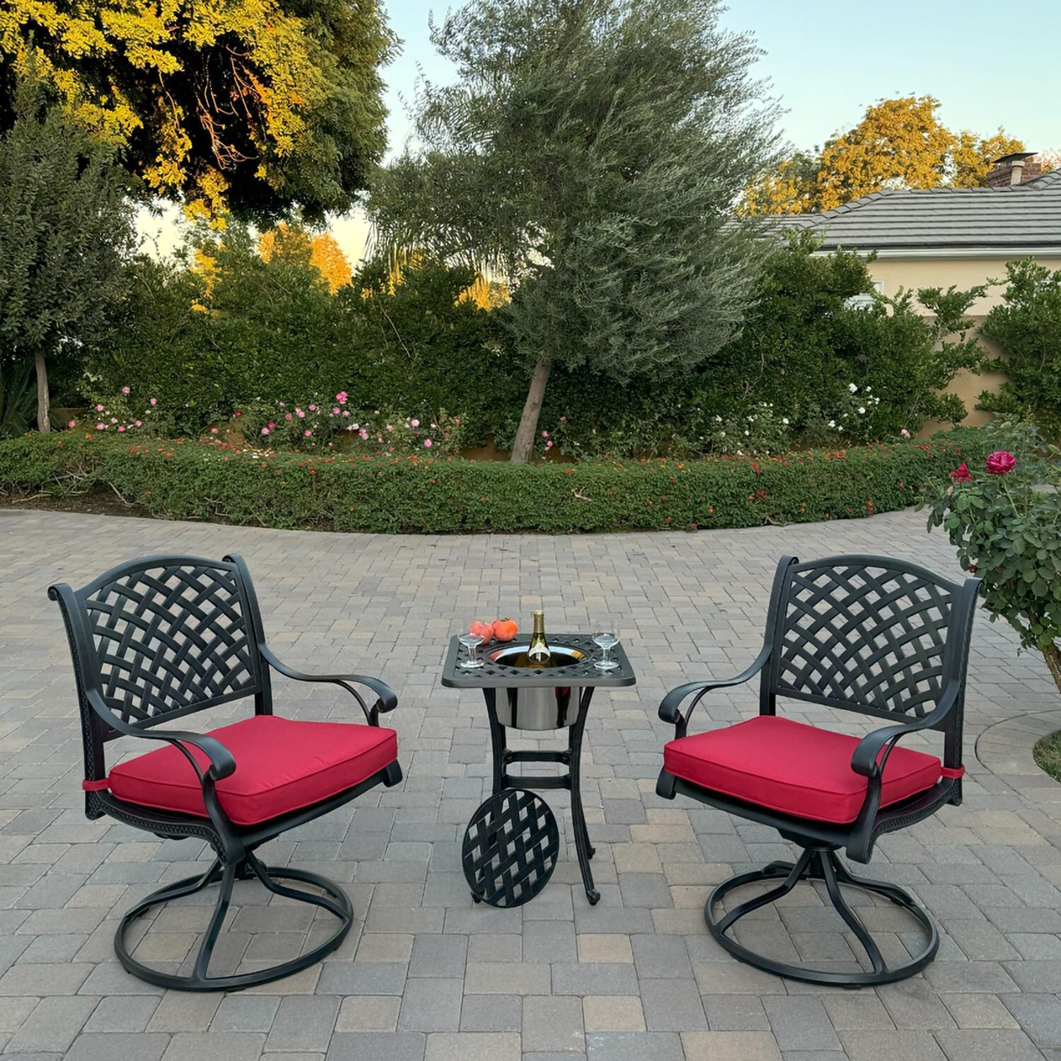 Darlee B/DL13-3PCR-30SQ-R Nassau 3 Pc Cast Aluminum Conversation Set w/ Rocker and Ice Bucket in Antique Bronze w/ Red Cushions - Set - Lifestyle thumbnail