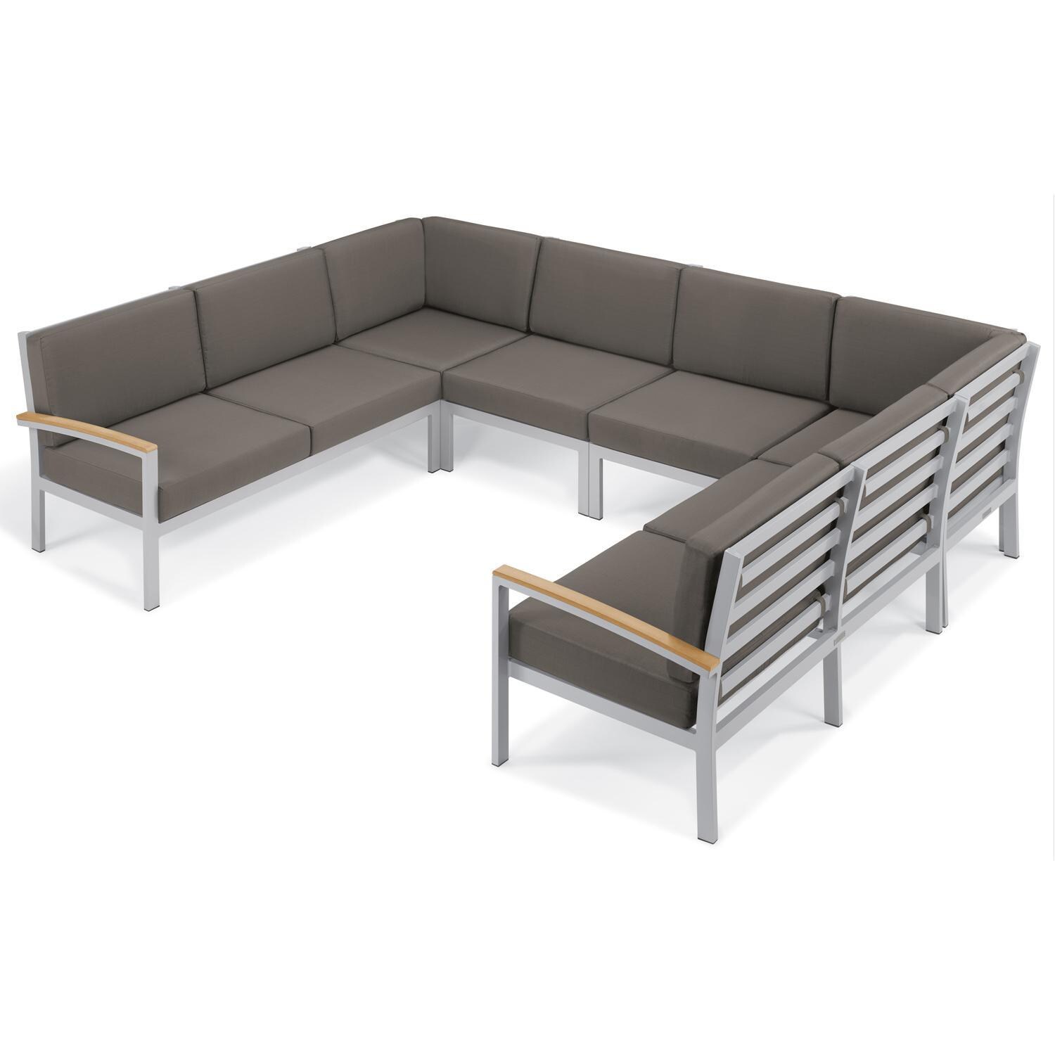 Oxford Garden Travira 2 Person Aluminum Modular Right Loveseat W/ Natural Tekwood Arm Caps in Flint/Stone - U-Shaped Sectional thumbnail