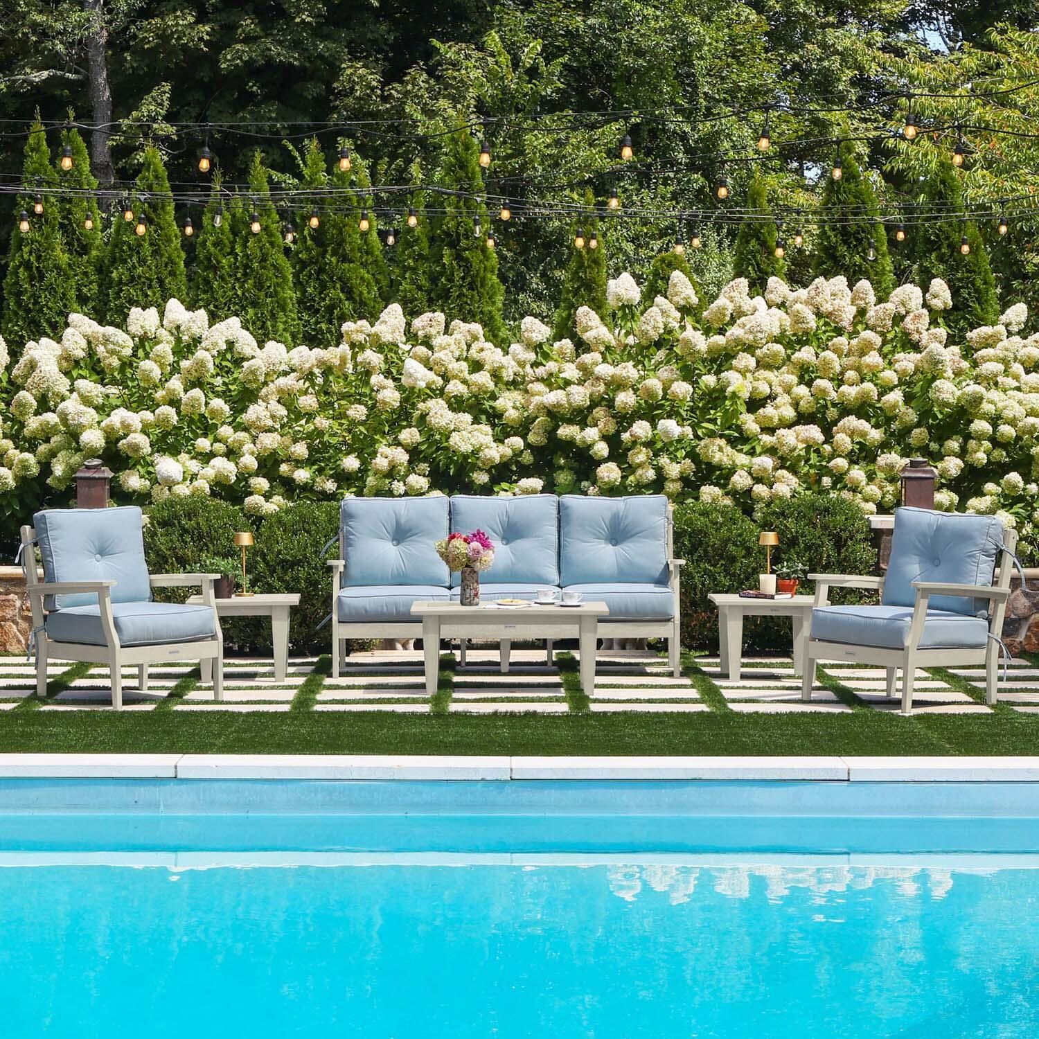 Blushing Bay 6 Pc Recycled Plastic Seating Set w/ Sofa in Bliss Dew/Whitewash by Lakeview Outdoor Designs - By the Pool - Lifestyle thumbnail