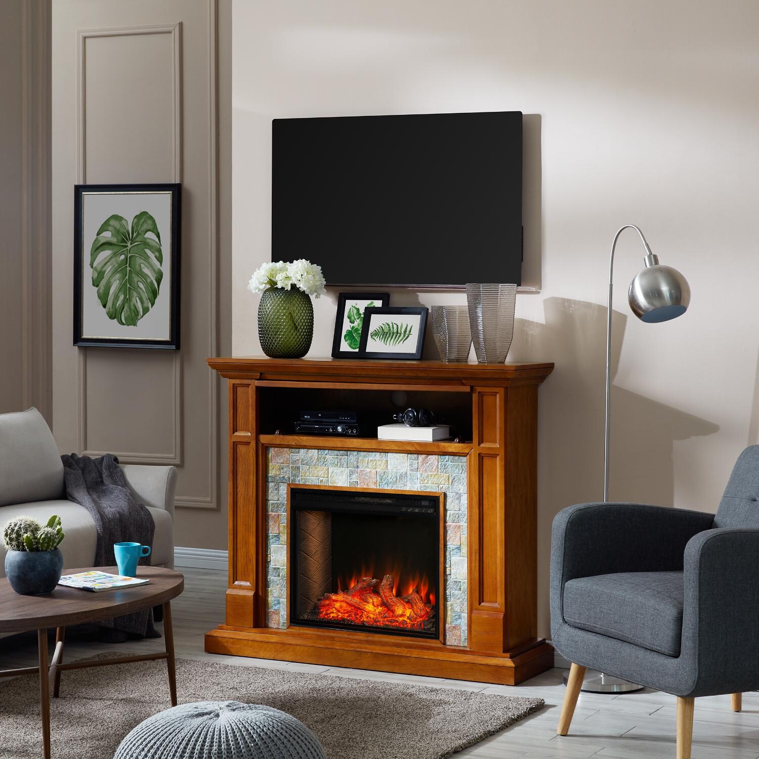 Southern Enterprises FS9319 Vogelsdon 48-Inch Electric Fireplace W/ Alexa-Enabled Smart Firebox - Dark Sienna W/ Faux Stone - In the Home thumbnail