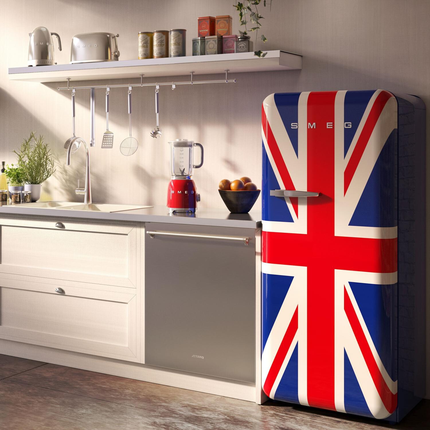 SMEG 9.22 Cu. Ft. Retro Style Union Jack Refrigerator with Freezer Right Hinge Shown Installed - FAB28UUJR thumbnail