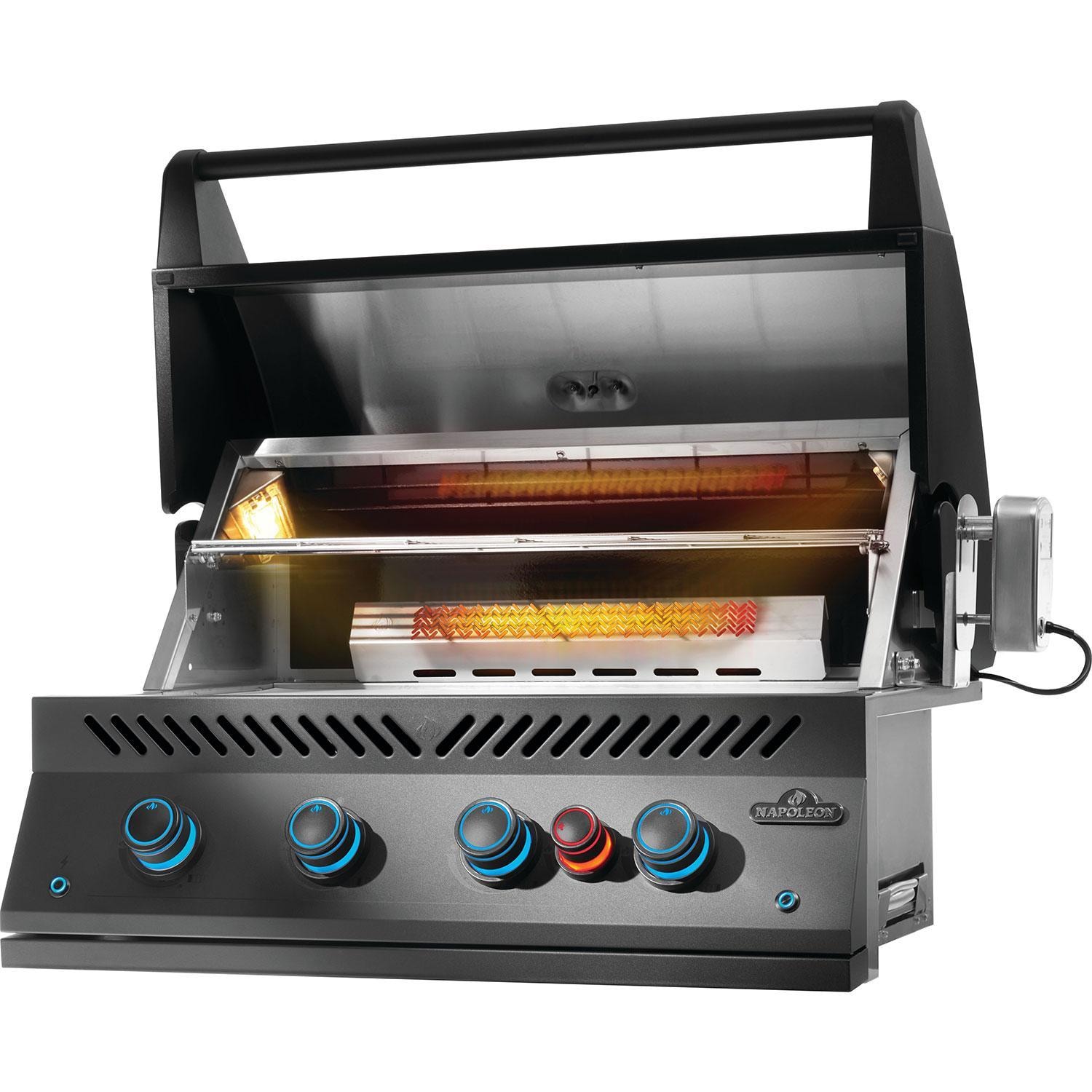 Napoleon BIG32RBPMK-1 700 Series 32-in Built-In Propane Grill w/ Rotisserie & Infrared Rear Burner - Matte Black - Rotisserie Kit w/ Interior Hood Lighting & Rear Burner On - Angled - White Background thumbnail