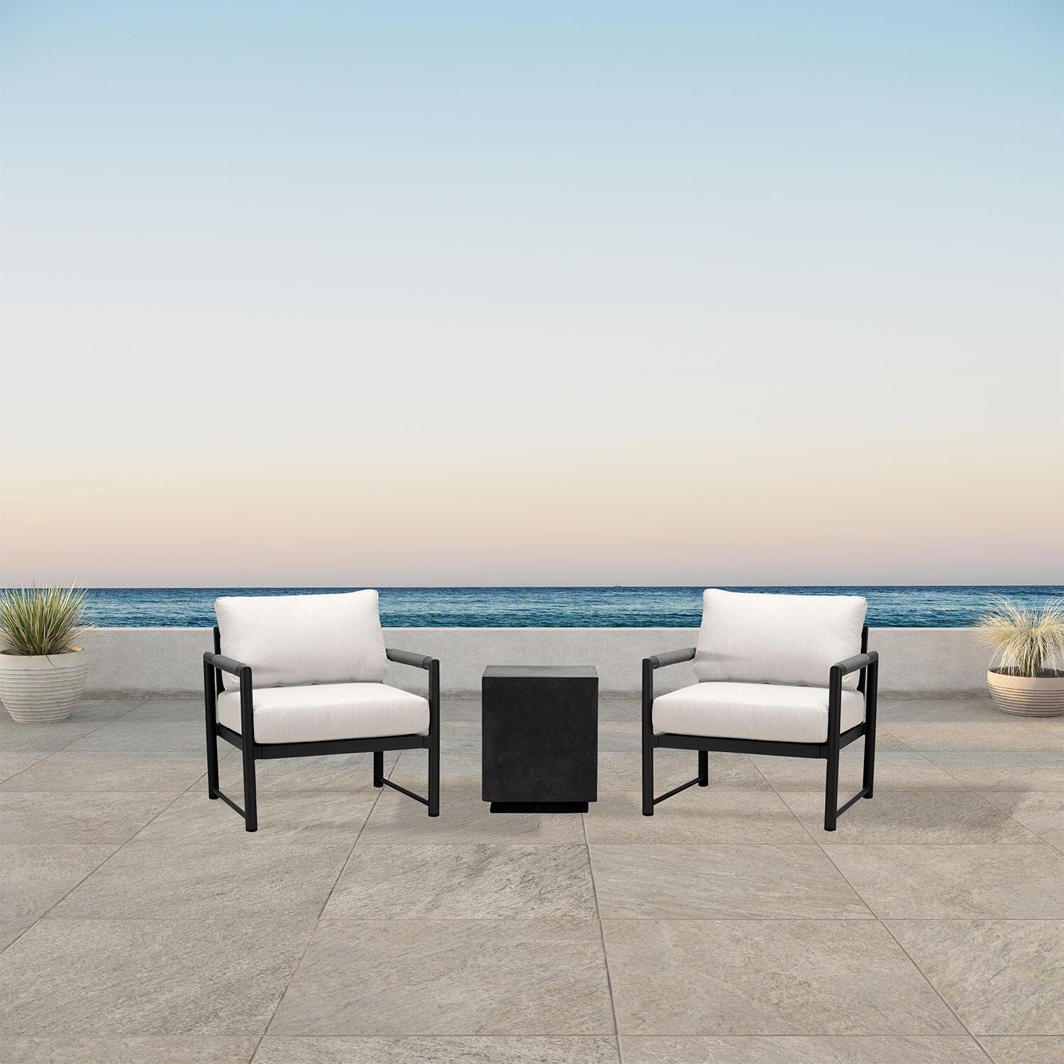 Lakeview AVEBAY-BK-CO-SET104-CS Avenue Bay Black/Carbon 3 Pc Chat Set - Cast Silver - On Patio - Lifestyle thumbnail