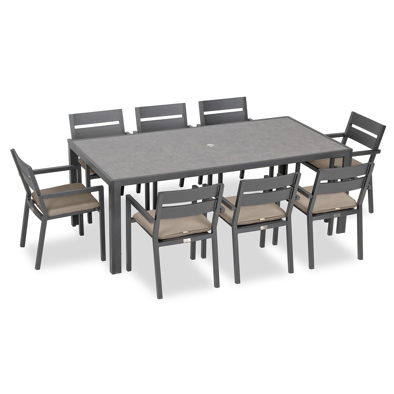 Calm Bay 9 Pc Rectangular Aluminum Dining Set in Slate/Heather Beige by Lakeview Outdoor Designs