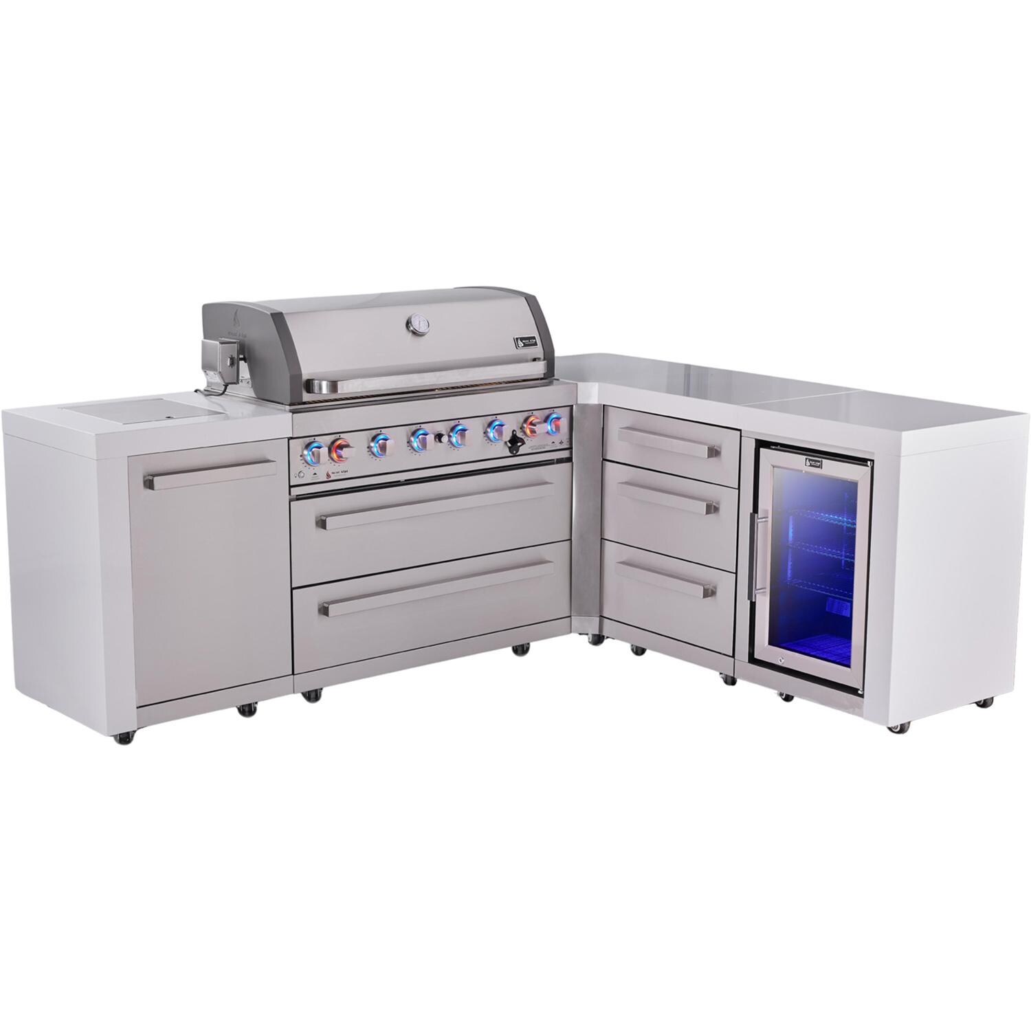 Mont Alpi Deluxe Series 7 Ft L-Shaped Natural Gas Outdoor Kitchen Island w/ 44-in Grill, Side Burner, Fridge & Triple Drawer (Ships Propane w/ Conversion Kit) - Angled Left - White Background thumbnail