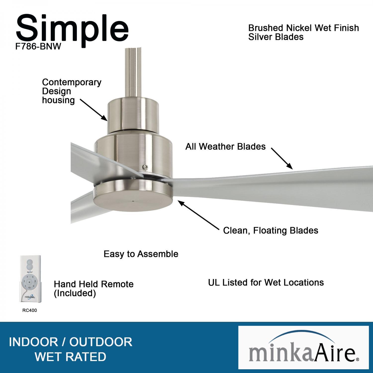 Minka-Aire F786-BNW Simple 44-Inch 3-Blade Ceiling Fan in Brushed Nickel Wet Finish w/ Silver Blades - Details thumbnail