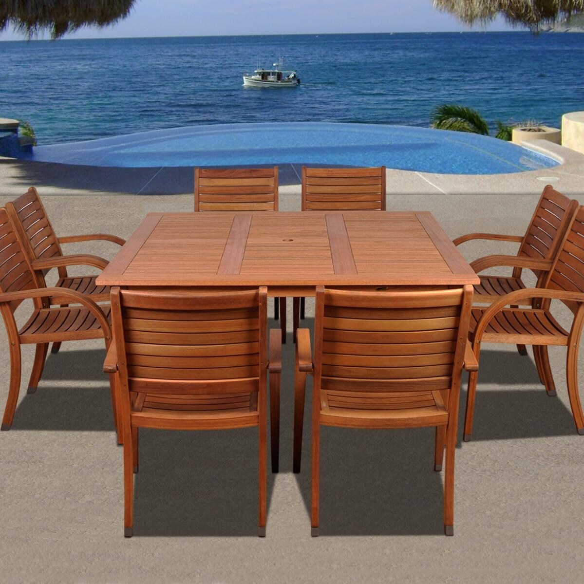 Amazonia Arizona 8-Person Eucalyptus Patio Dining Set With Stacking Chairs