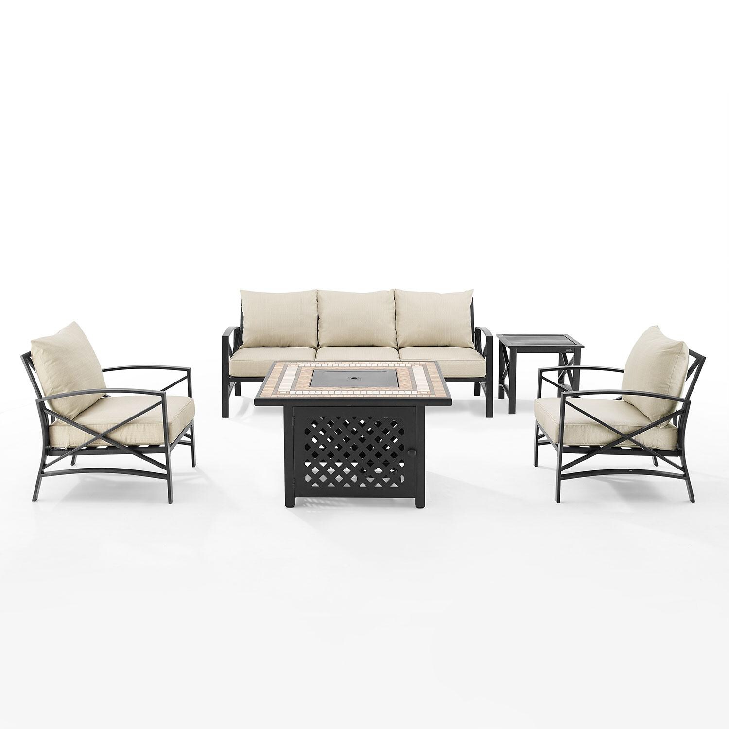 Ultimate Patio UP-82267BZ-OL 5Pc Outdoor Sofa Set W/ Fire Table in Oatmeal - Front View - White Background thumbnail