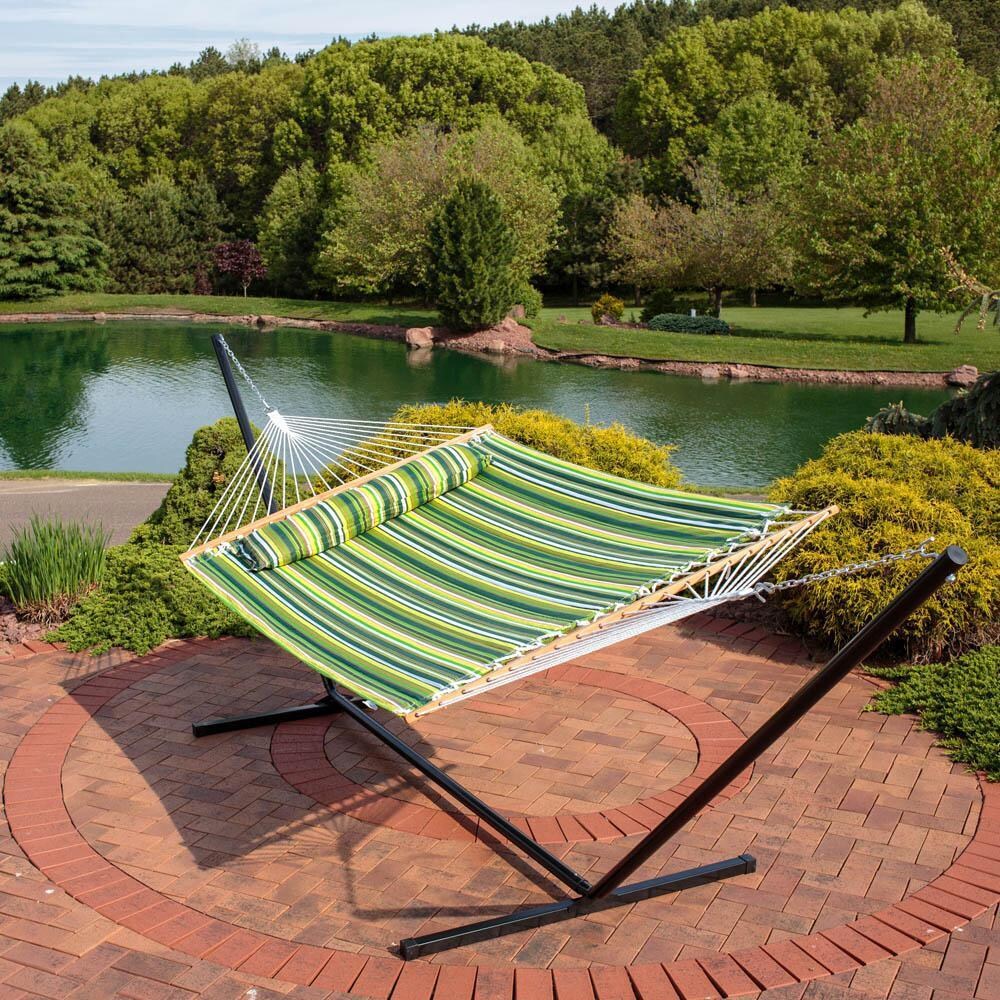 Ultimate Patio Quilted Double Hammock w/ 15-Foot Stand - Melon Stripe - Lifestyle thumbnail