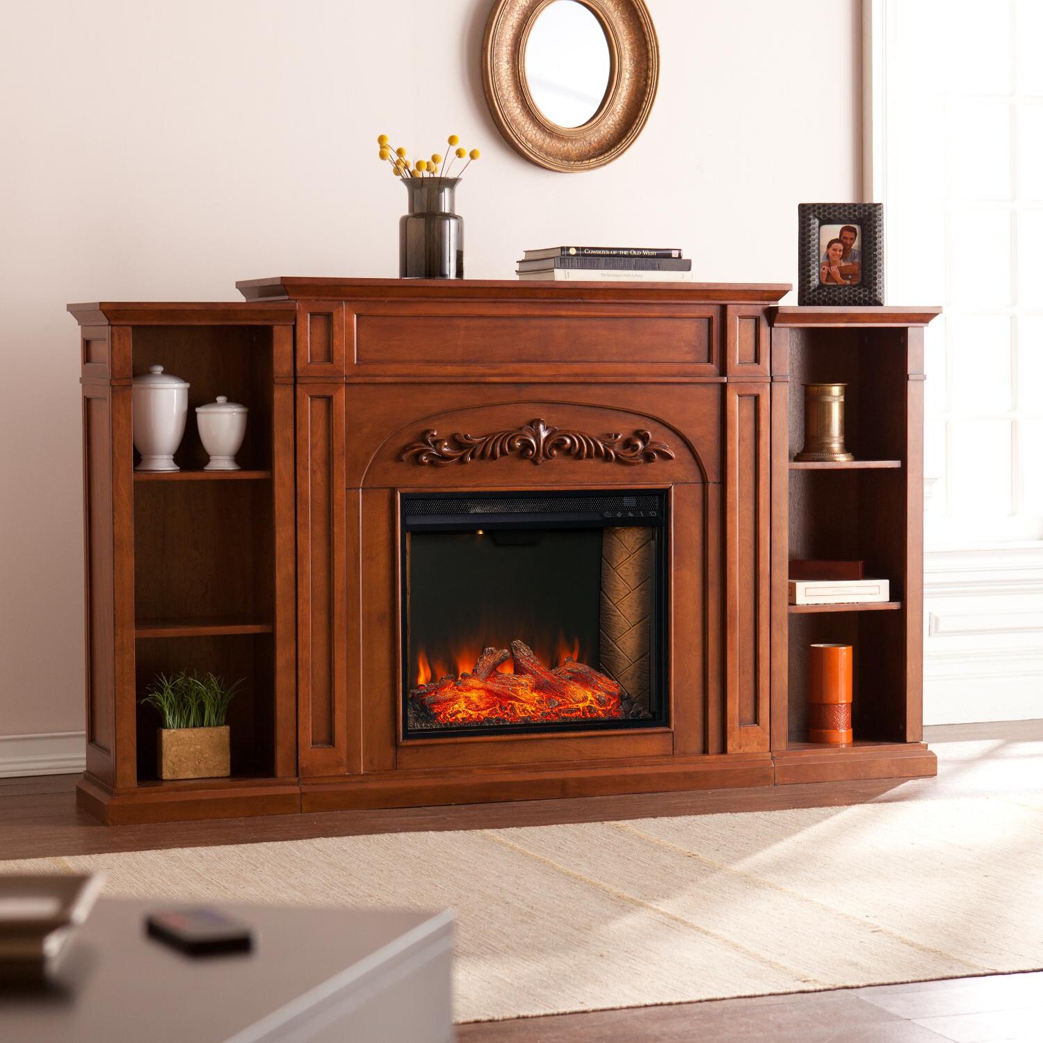Southern Enterprises Chantilly Alexa-Enabled Smart Electric Fireplace W/ Bookcases - Autumn Oak - FS8532 image