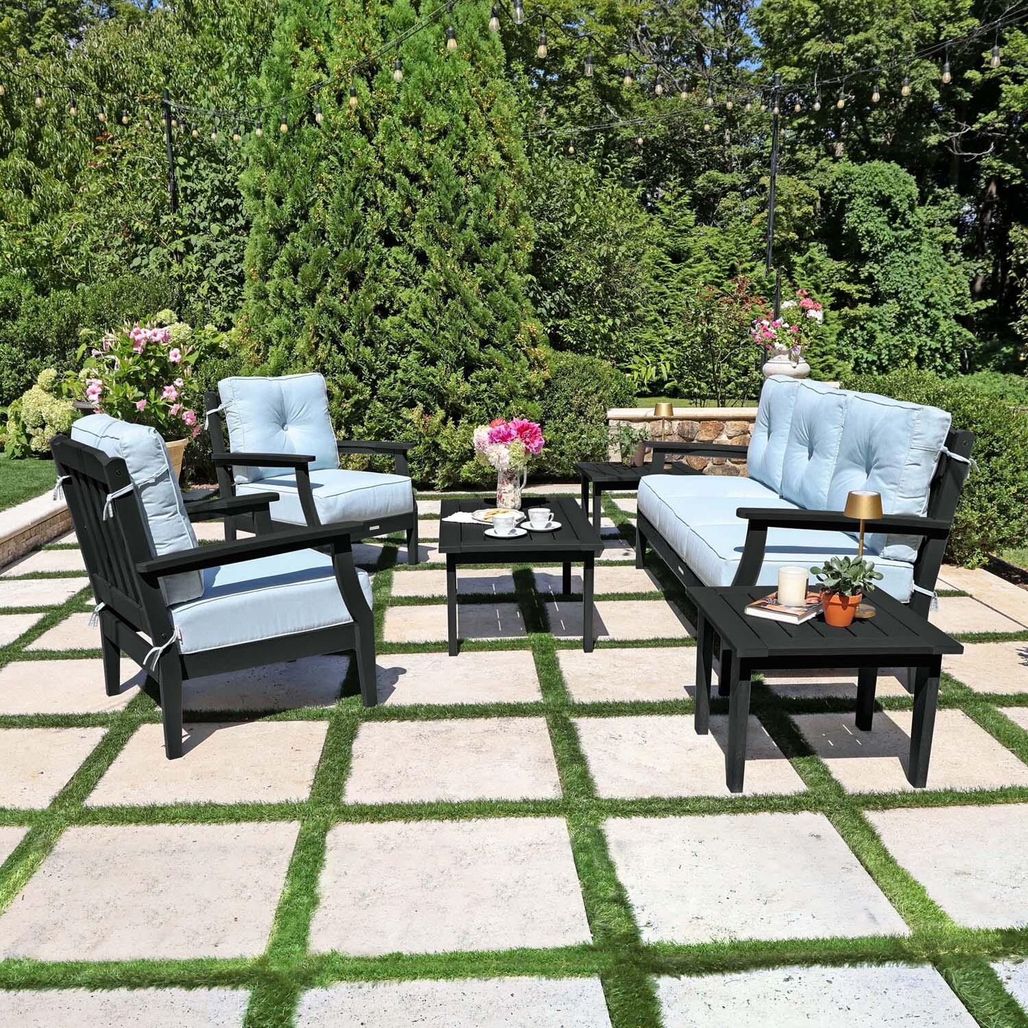 Blushing Bay 6 Pc Recycled Plastic Seating Set w/ Sofa in Bliss Dew/Black by Lakeview Outdoor Designs - Side View - Lifestyle thumbnail