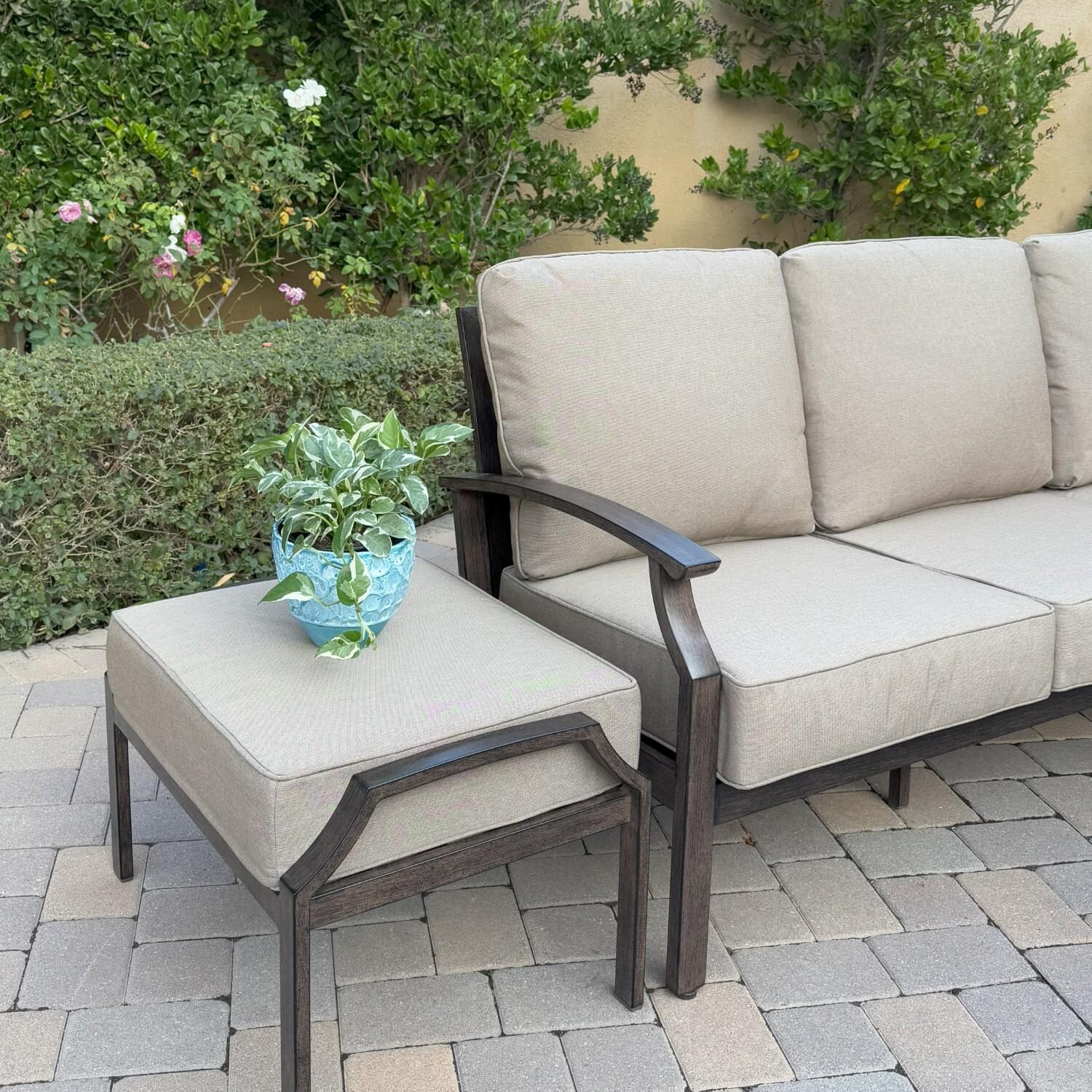 Atlantis 6 Pc Aluminum Seating Set w/ Sofa, 2 Club Chairs, 2 Ottomans & Ice Bucket in Walnut/Beige by Darlee - Sofa & Ottoman - Lifestyle thumbnail