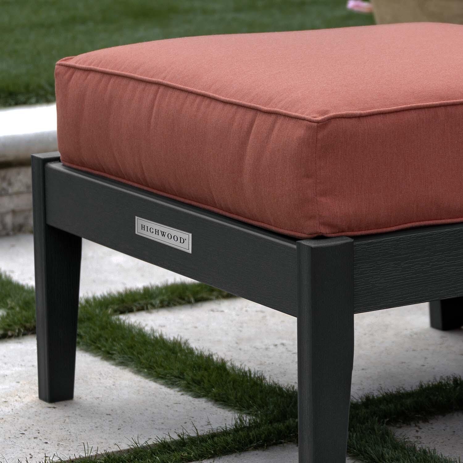 Blushing Bay Recycled Plastic Ottoman in Canvas Persimmon/Black by Lakeview Outdoor Designs - Close Up - Lifestyle thumbnail