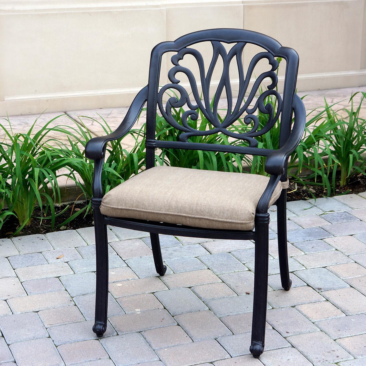 Darlee Elisabeth 7 Pc Cast Aluminum Fire Pit Dining Set w/ 60 Inch Round Table in Antique Bronze/Beige - Chair - Lifestyle thumbnail