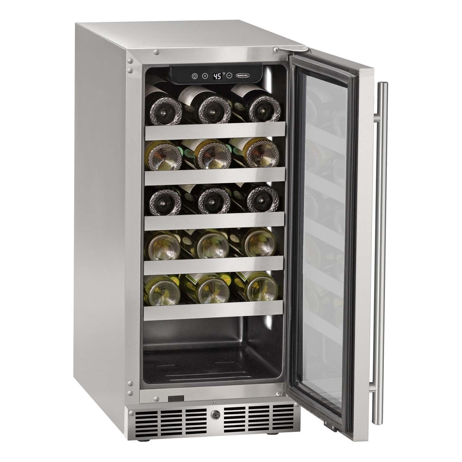 Marvel MRWC215-SG31A 15-in 3 Cu. Ft. Wine Refrigerator - Door Open w/ Wine Bottles - White Background thumbnail