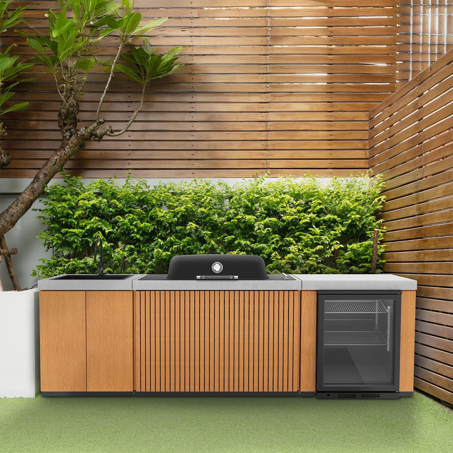 Everdure 9 Ft Outdoor Kitchen Island w/ Marine Grade Aluminum Cabinets in Timber Effect - On Patio - Lifestyle thumbnail