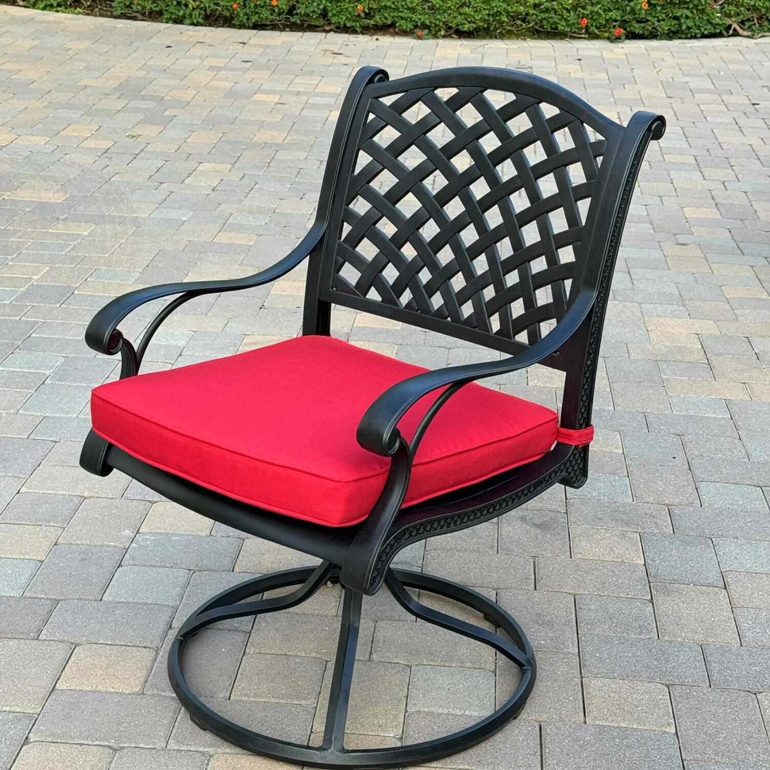 Darlee B/DL13-7PCAR-30D-R Nassau 7 Pc Cast Aluminum Dining Set w/ Rocker in Antique Bronze w/ Red Cushions - Chair w/ Cushions - Lifestyle thumbnail