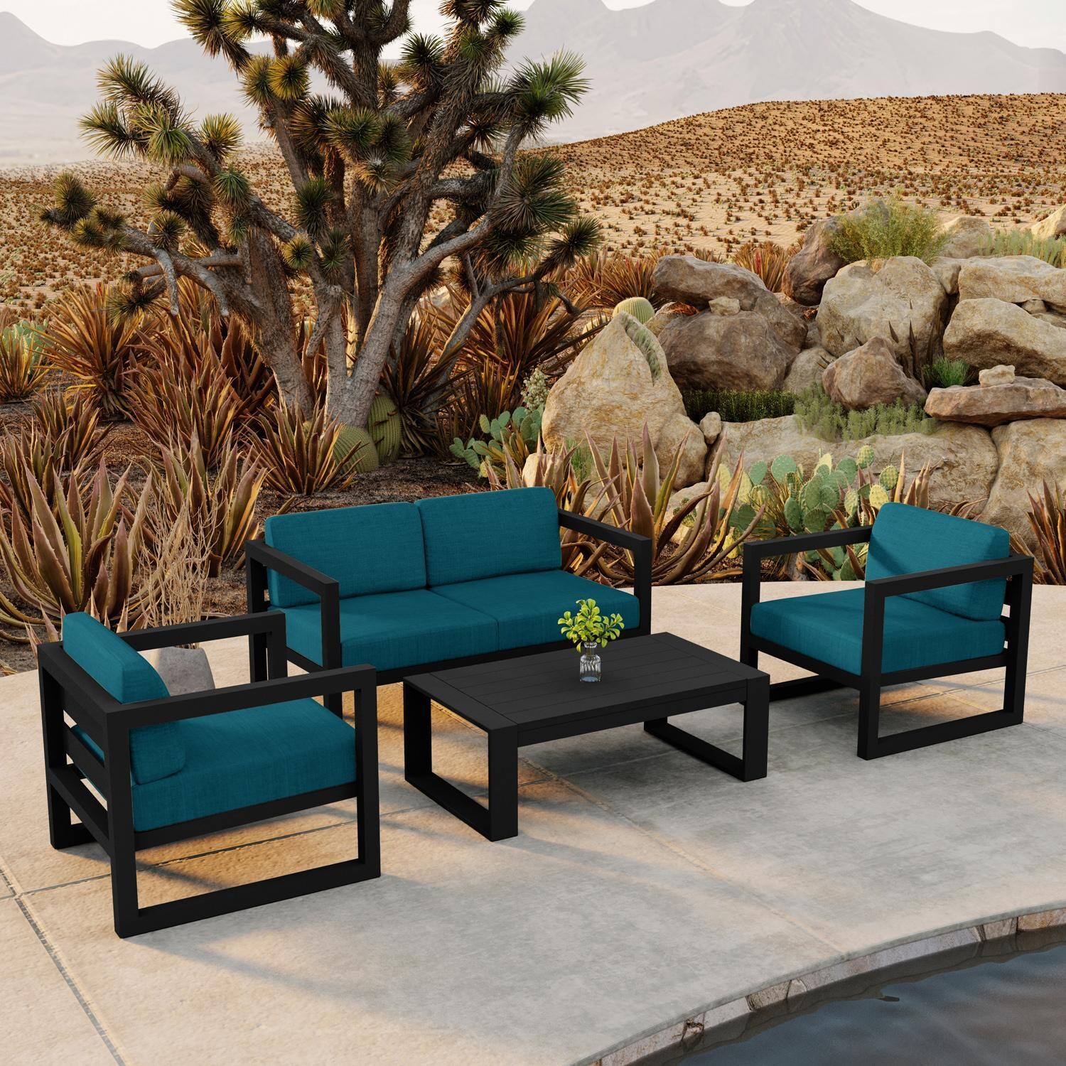 Lakeview MSTYMAS-BK-4SS-PC Misty Cove 4 Pc Aluminum Seating Set in Black w/Loveseat & Spectrum Peacock Cushions by Lakeview Outdoor Designs - By the Pool - Lifestyle thumbnail