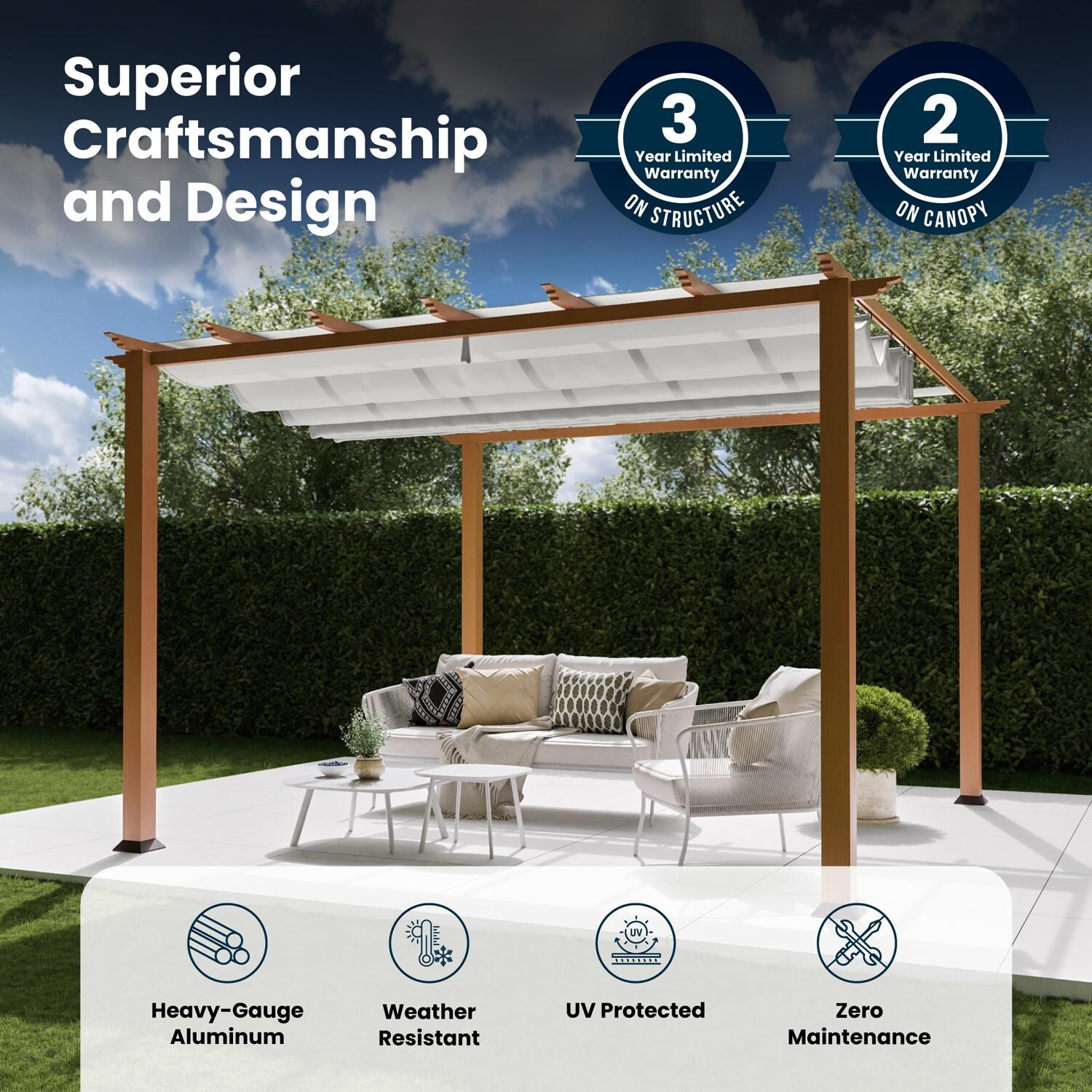 Paragon Outdoor PR11WD1W Florence 11' x 11' Cedar Pergola w/ White Canopy - Superior Craftmanship & Design - Detail thumbnail