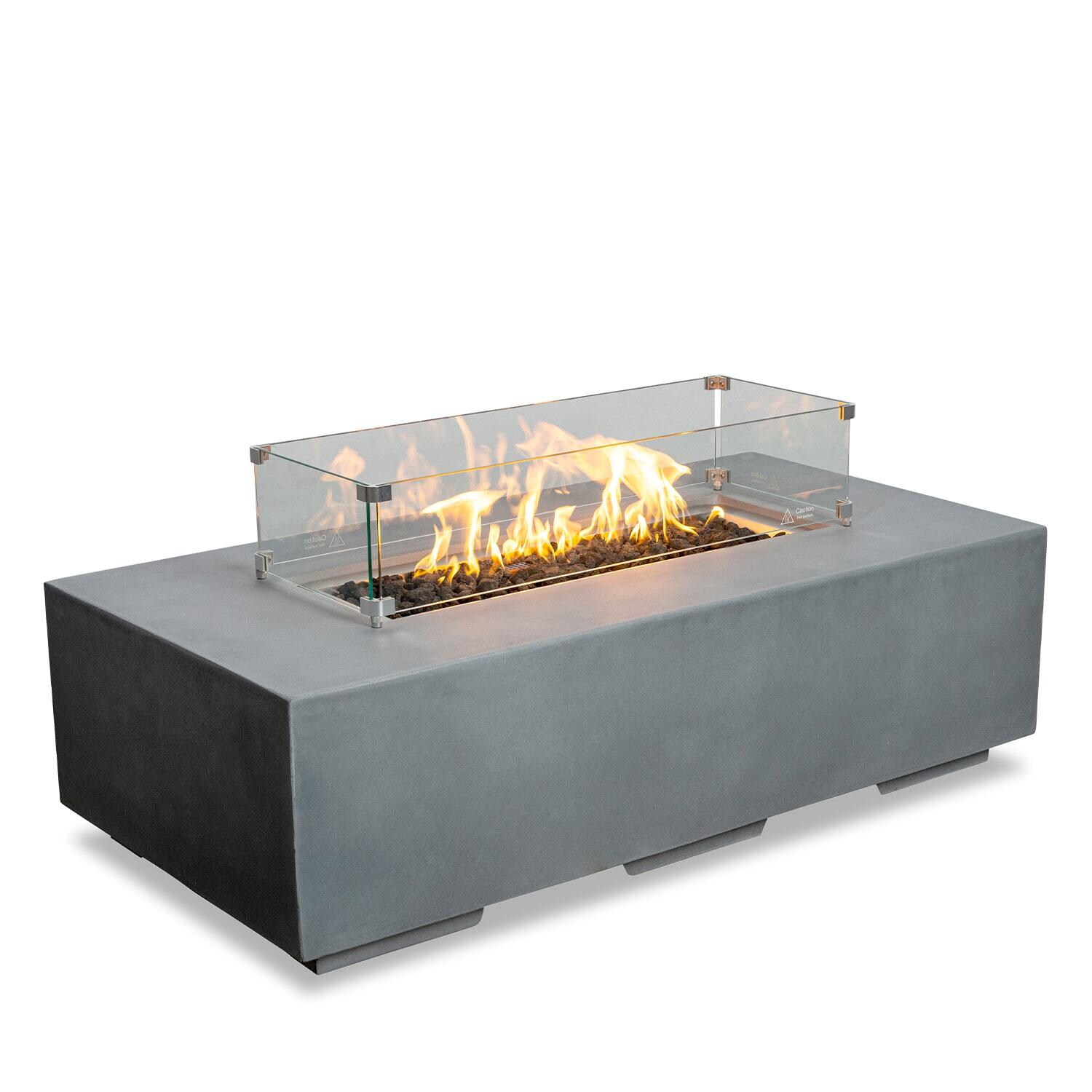 Glenwood 55-in Rectangular Concrete Propane Fire Pit in Natural Gray by Lakeview Outdoor Designs - Glass Wind Guard - On - White Background thumbnail