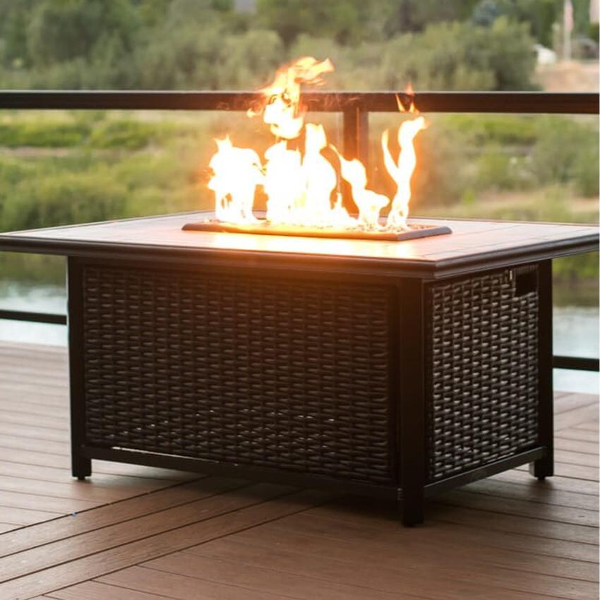 Tretco 54-Inch Rectangular Wicker Fire Pit Table - Dark Brown W/ Tile Top - Lifestyle Deck Burner Fire thumbnail