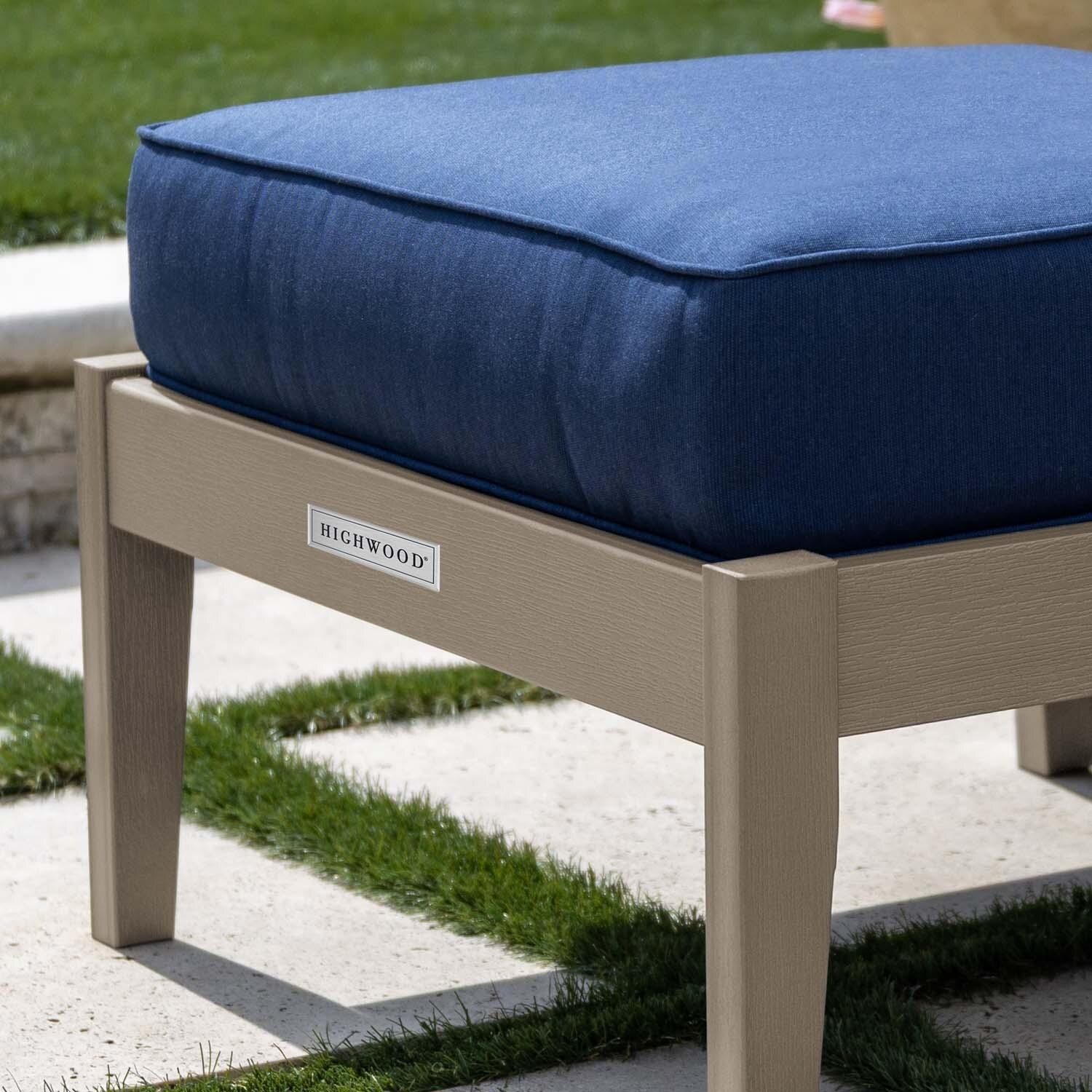 Blushing Bay Recycled Plastic Ottoman in Spectrum Indigo/Woodland Brown by Lakeview Outdoor Designs - Close Up - Lifestyle thumbnail