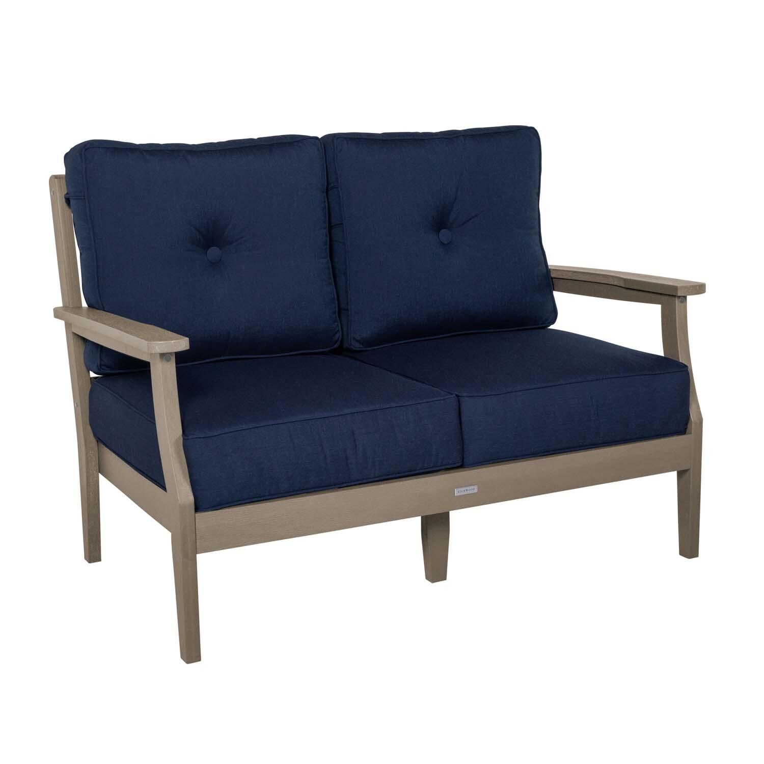 Blushing Bay 2 Person Recycled Plastic Loveseat in Spectrum Indigo/Woodland Brown by Lakeview Outdoor Designs - Left Angled - White Background thumbnail
