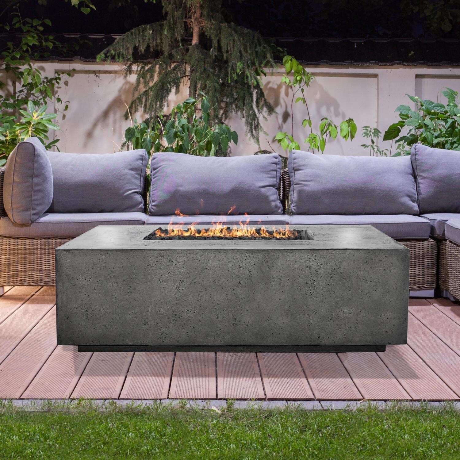 Porto 68-in Rectangular GFRC Propane Fire Pit in Pewter by Prism Hardscapes