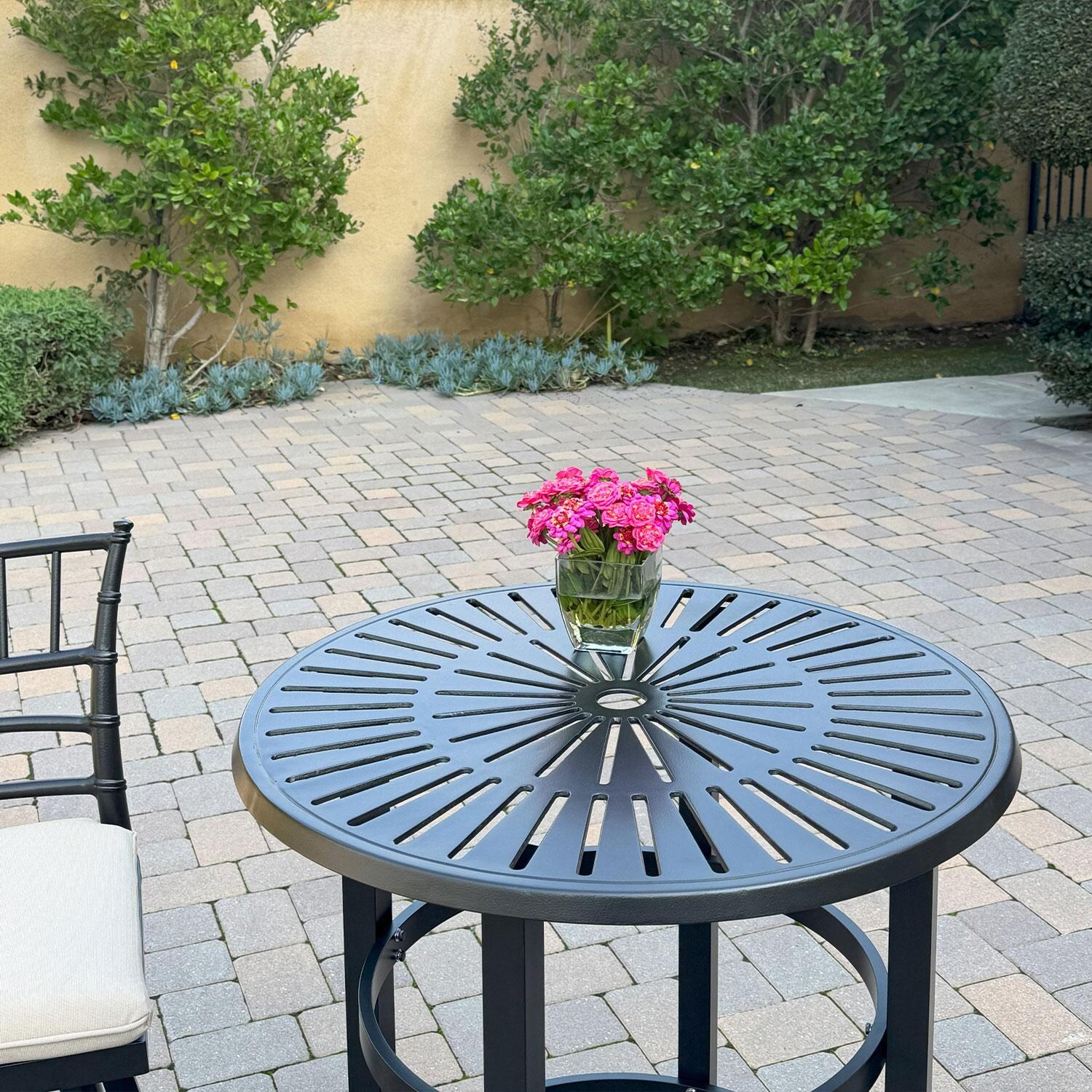 Bella Aluminum 3 Pc Patio Bar Set w/ 30-in Round Counter Height Bar Table in Beige by Darlee - Bar Table - Close Up - Lifestyle thumbnail