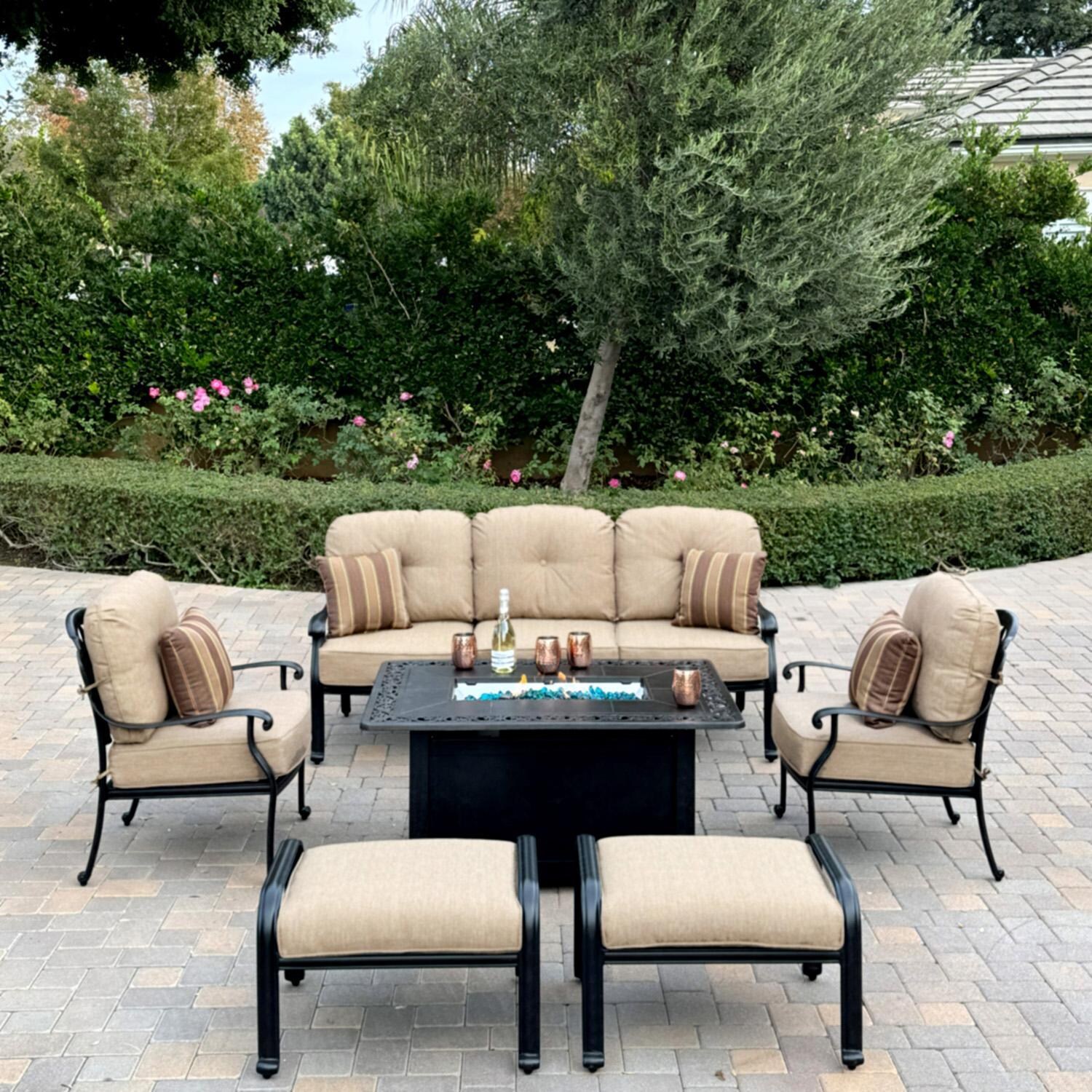 Darlee Elisabeth 6 Pc Cast Aluminum Fire Pit Seating Set w/ Club Chairs, Sofa, and Ottoman in Antique Bronze/Beige - Set - Lifestyle thumbnail