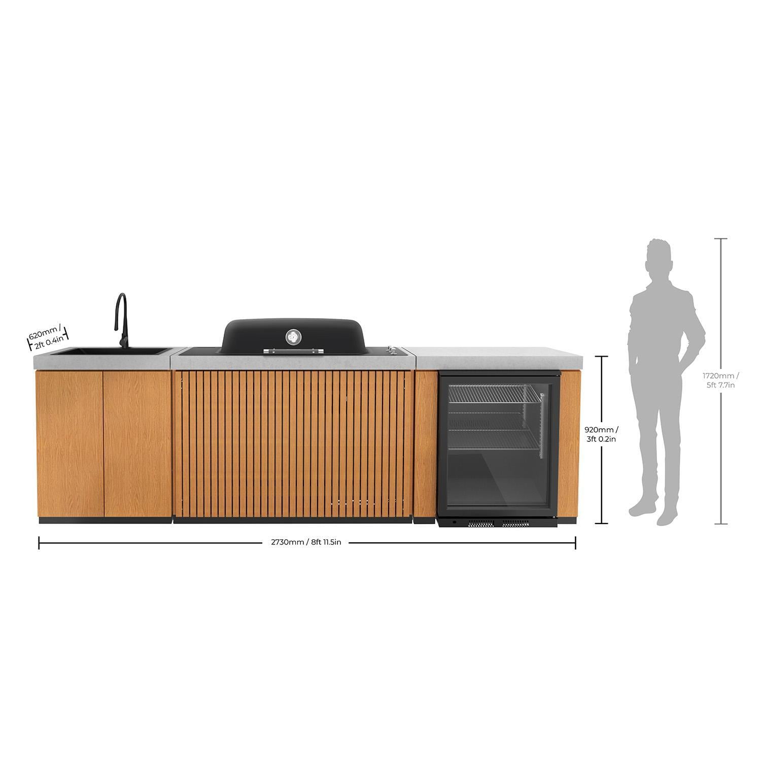 Everdure 9 Ft Outdoor Kitchen Island w/ Marine Grade Aluminum Cabinets in Timber Effect - Dimensions thumbnail