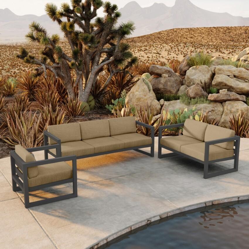 Misty Cove 3 Pc Aluminum Seating Set w/ Sofa & Loveseat in Slate/Heather Beige by Lakeview Outdoor Designs
