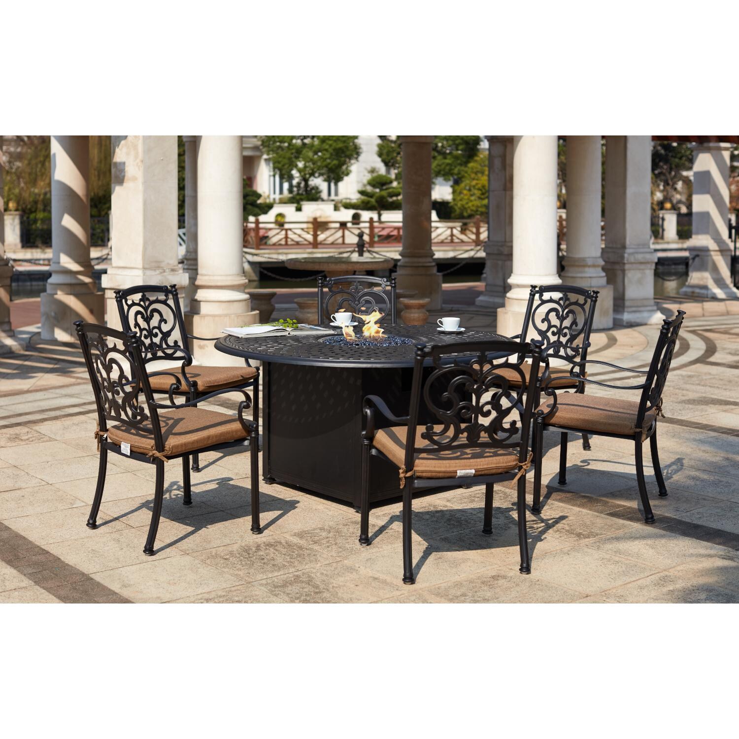 Darlee 201010-7PC-60GD Santa Barbara 7 Piece Cast Aluminum Patio Fire Pit Dining Set W/ 60 Inch Round Table & Sesame Cushions - Lifestyle thumbnail