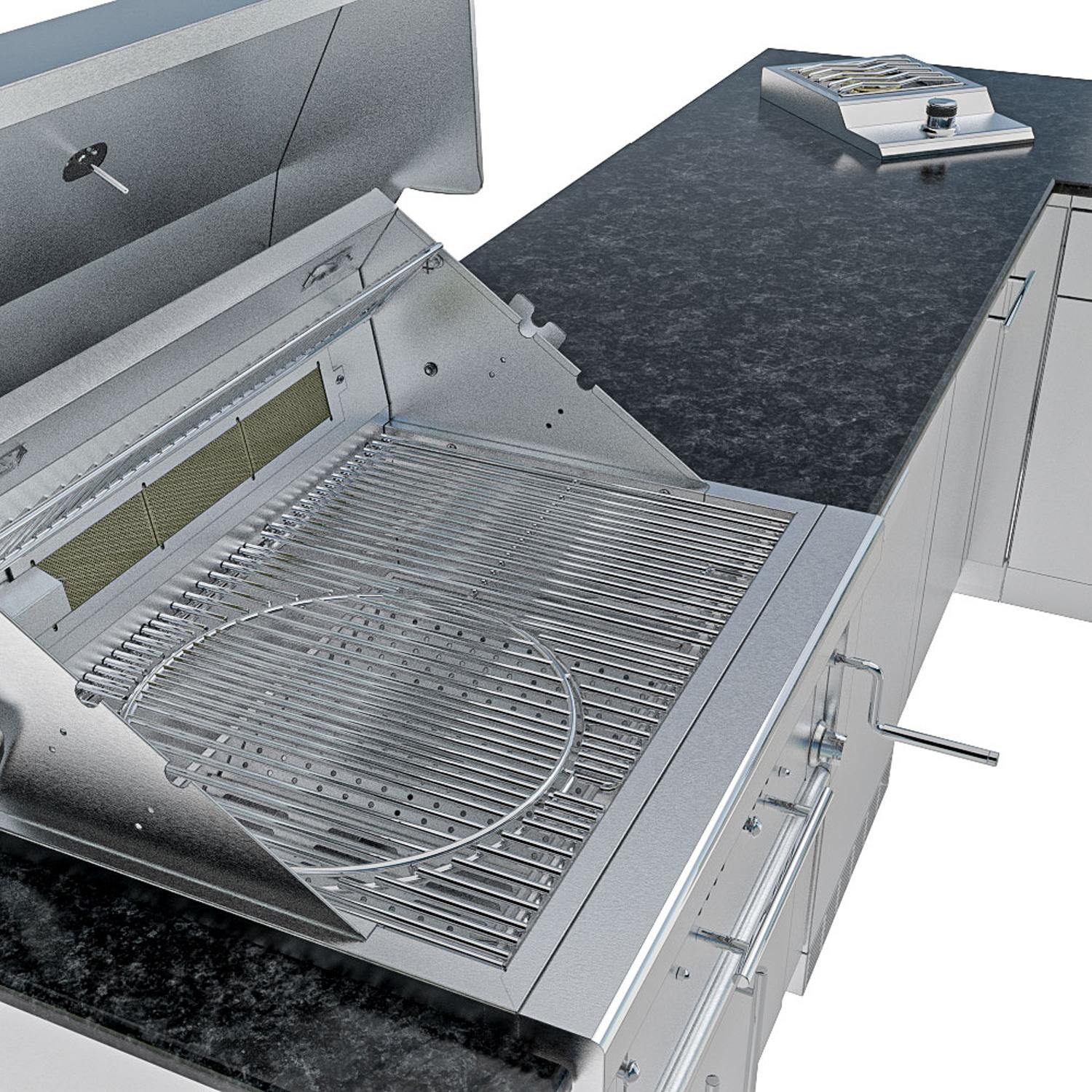 Sunstone Grills SCPTXTANGO19-NG Texas Tango 19 Ft Outdoor Kitchen Island w/ Natural Gas Grill & Side Burner, Sink, Refrigerator, Trash Bin, Door & Drawer - Charcoal Grill - White Background thumbnail