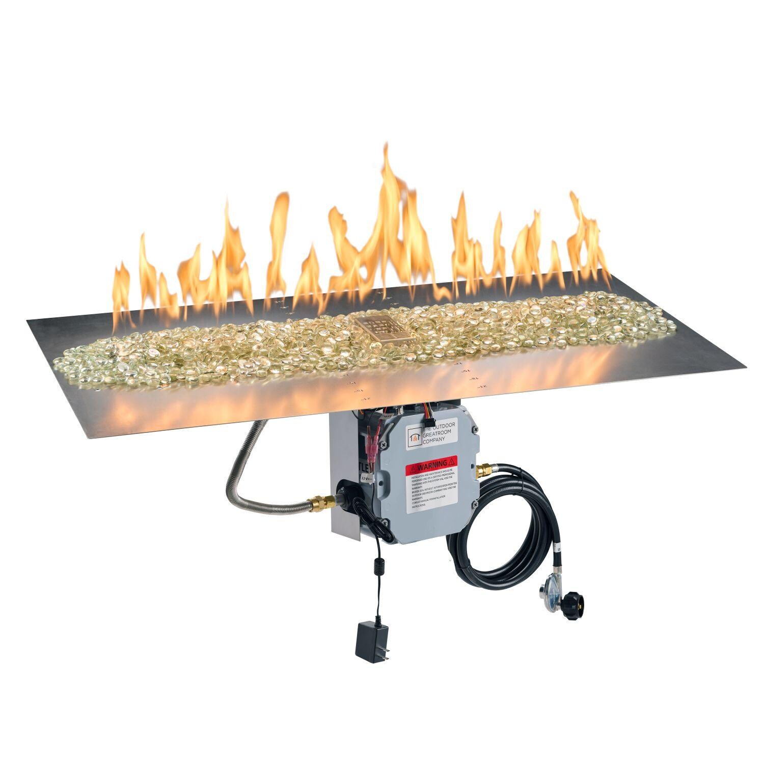 The Outdoor GreatRoom Company BP2442DSILP-B Crystal Fire Plus 42-in Linear Electronic Ignition Propane Gas Fire Pit Burner Plate - Fire On - White Background thumbnail