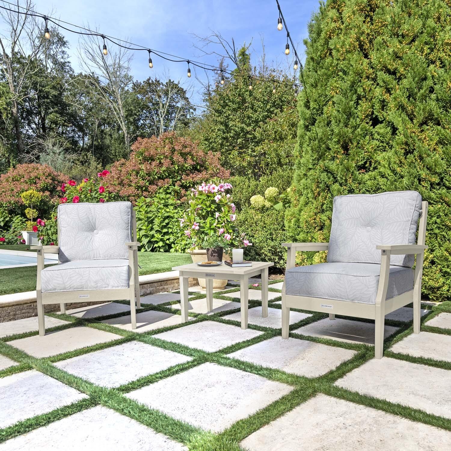 Blushing Bay 3 Pc Recycled Plastic Seating Set in Lively Parchment/Whitewash by Lakeview Outdoor Designs - Angled Right - Lifestyle thumbnail