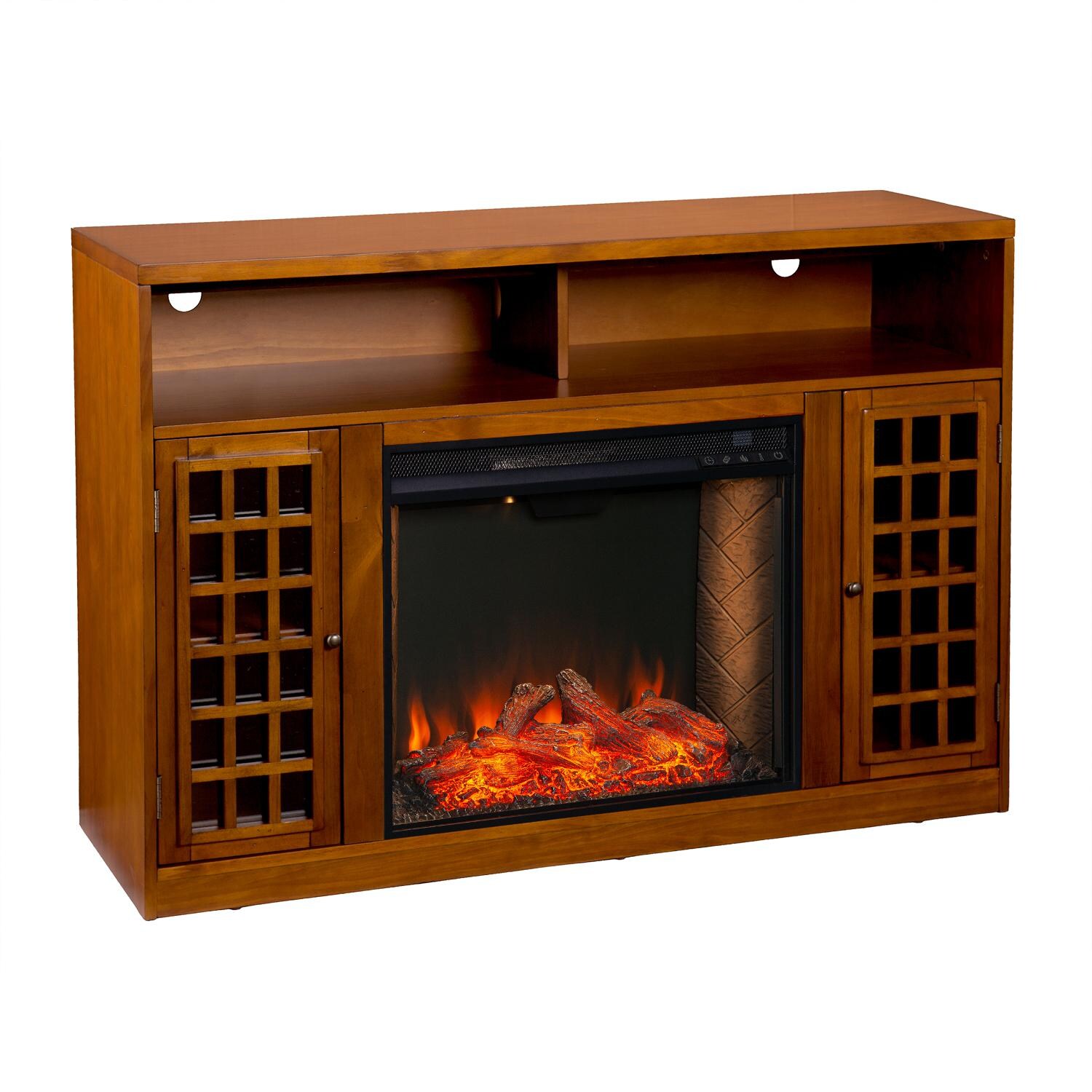 Southern Enterprises FS9302 Narita 48-Inch Electric Fireplace Media Console W/ Alexa-Enabled Smart Firebox - Glazed Pine - Angle View thumbnail