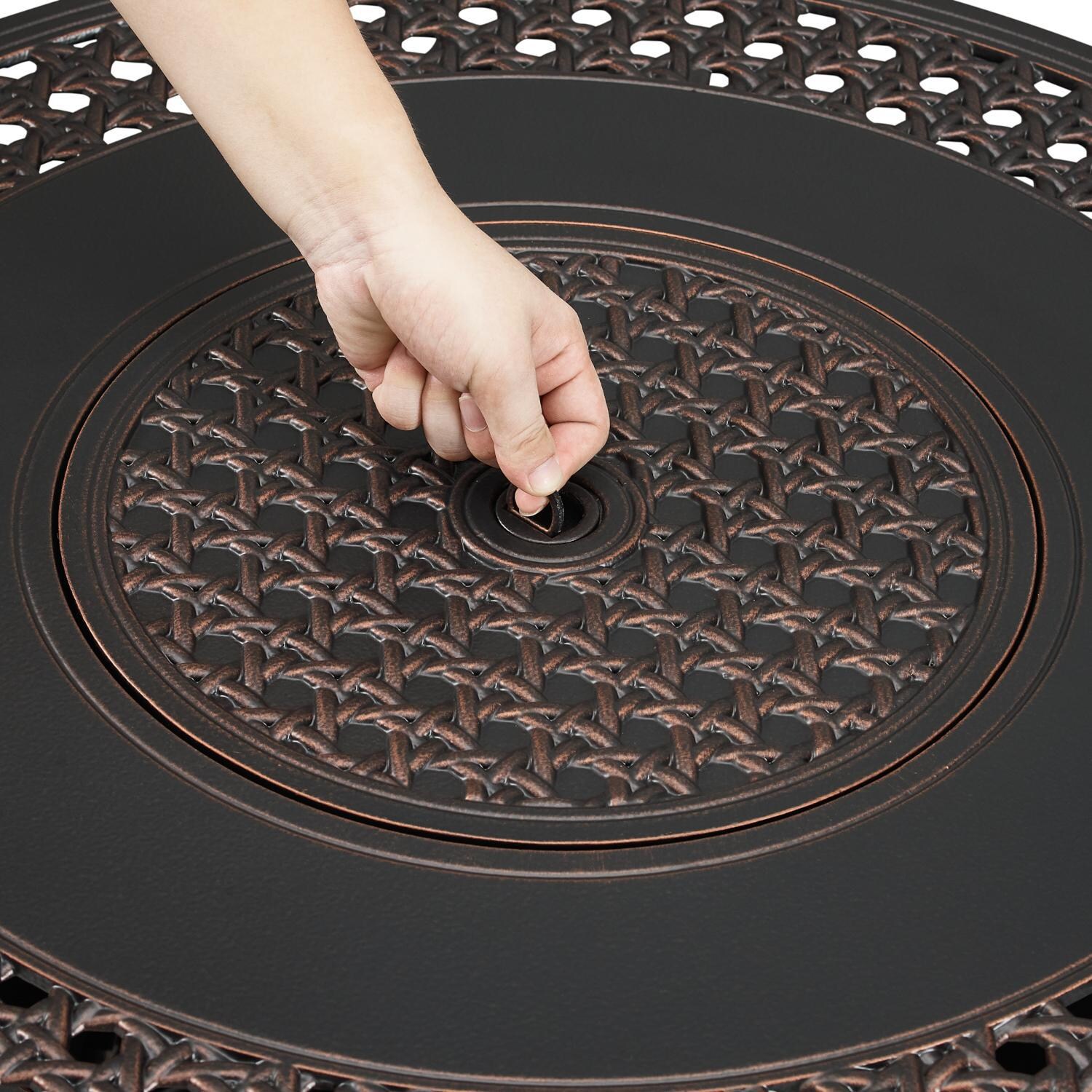 Ultimate Patio 63690 Lion Sands 34-Inch Round Aluminum Propane Gas Fire Pit - Cover Handle thumbnail