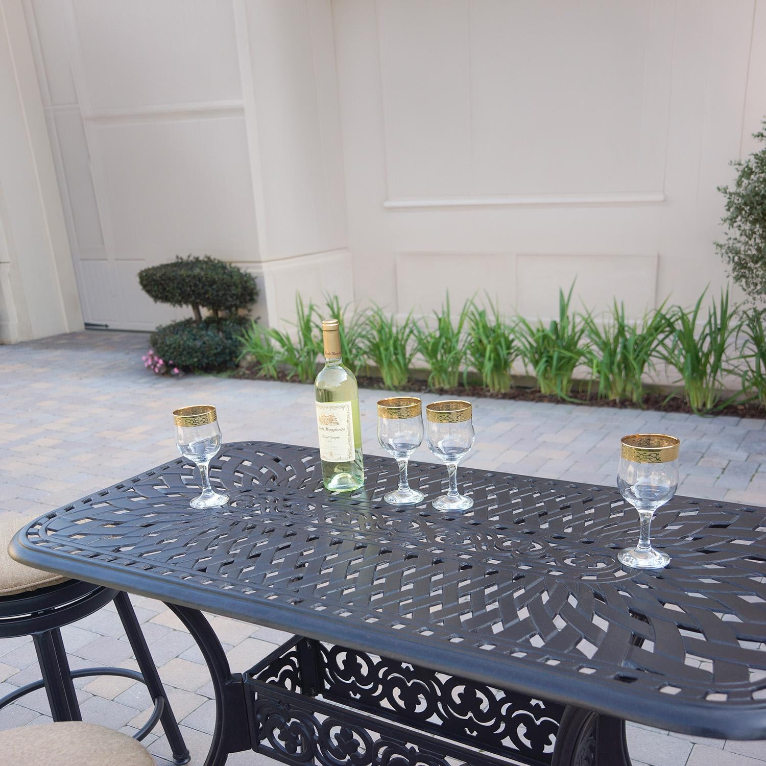 Darlee Classic 5 Pc Cast Aluminum Patio Backless Counter Height Bar Set w/ 52 x 26 Rectangular Table & Beige Canvas Cushions - Table - Lifestyle thumbnail