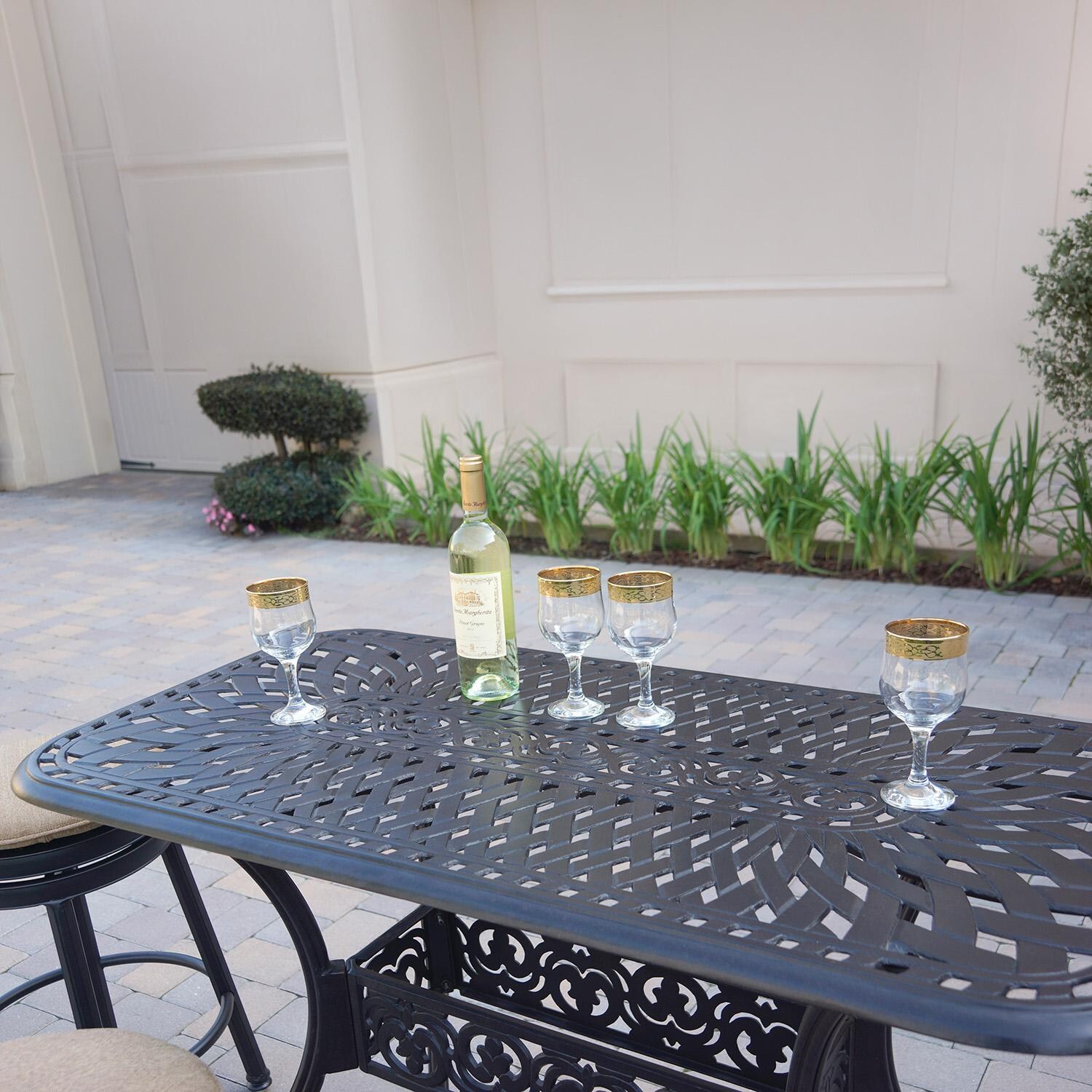 Darlee Classic 5 Pc Cast Aluminum Patio Backless Counter Height Bar Set w/ 52 x 26 Rectangular Table & Beige Canvas Cushions - Table - Lifestyle thumbnail