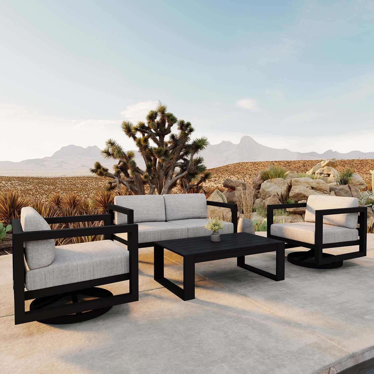 Misty Cove 4 Pc Aluminum Loveseat Seating Set w/ Swivel Chairs in Black/Cast Silver by Lakeview Outdoor Designs - Angled - Lifestyle thumbnail