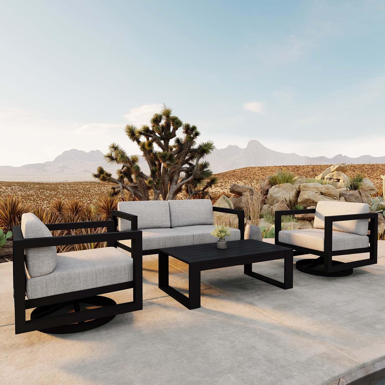Misty Cove 4 Pc Aluminum Loveseat Seating Set w/ Swivel Chairs in Black/Cast Silver by Lakeview Outdoor Designs - Angled - Lifestyle thumbnail
