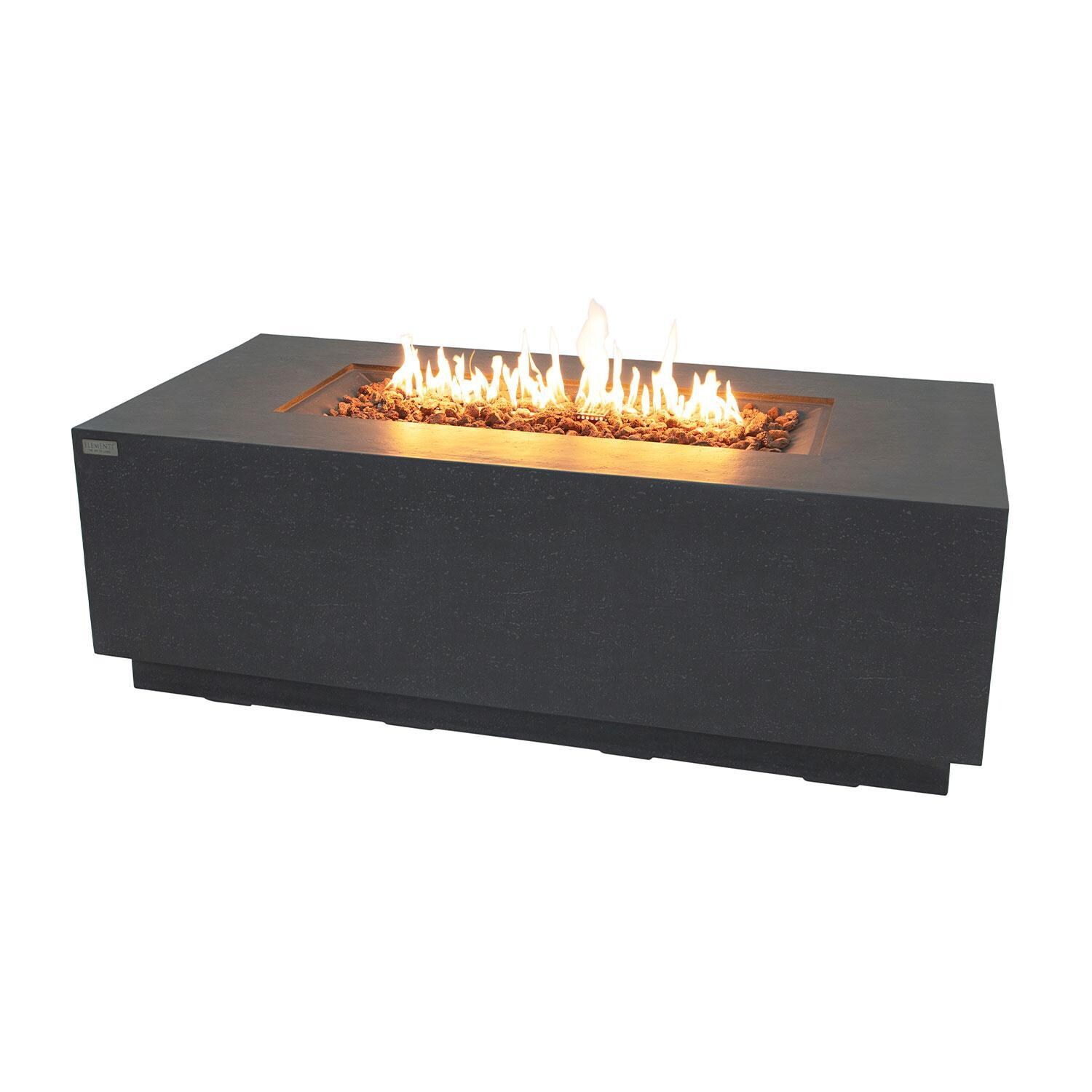 Andes 66 Inch Hidden Tank Rectangle GFRC Concrete Natural Gas Fire Table in Dark Gray By Elementi - Fire Pit On W/ Lava Rocks Inserted - Side View - White Background thumbnail