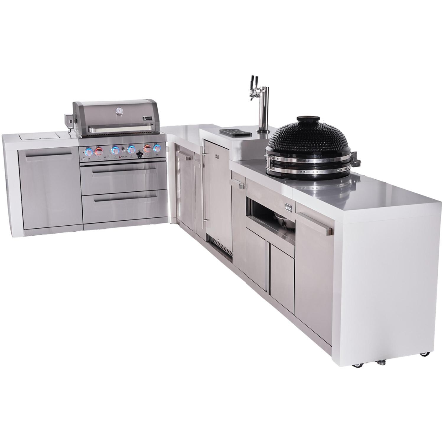 Mont Alpi Deluxe Series 13 Ft L-Shaped Natural Gas Outdoor Kitchen Island w/ 32-in Grill, Side Burner, Kegerator, Kamado Module & Extra Door (Ships Propane w/ Conversion Kit) - Angled Right - White Background thumbnail