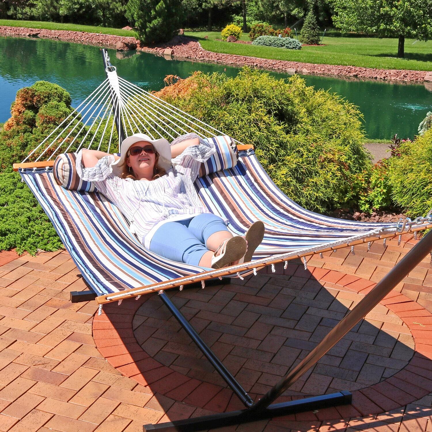 Ultimate Patio Quilted Double Hammock w/ Pillow - Ocean Isle - Relaxing in the Sun - Lifestyle thumbnail