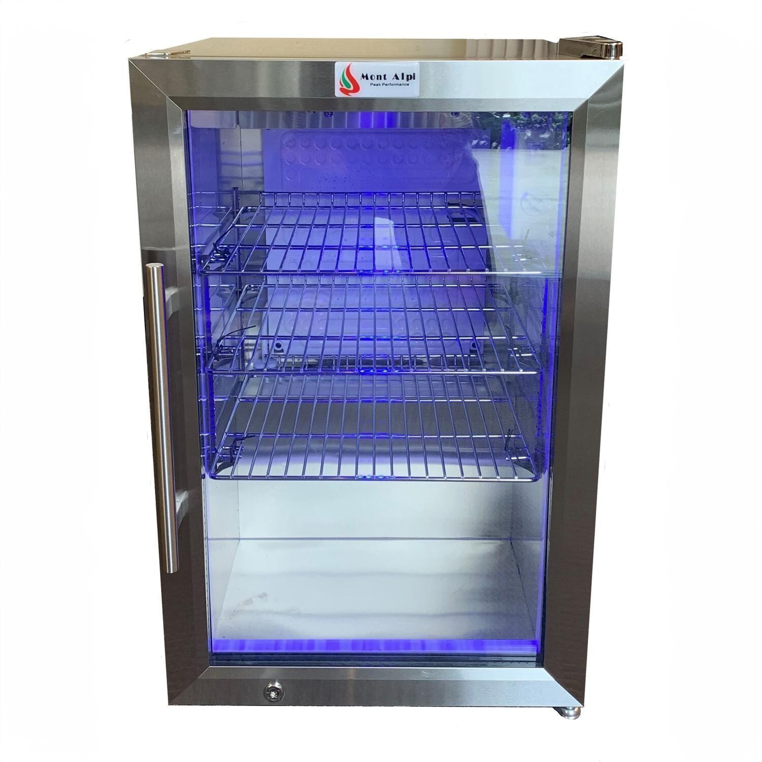 Mont Alpi MA400-AW 4-Burner Stainless Steel Art-Wood Natural Gas Island Grill - Refrigerator Front View - White Background thumbnail